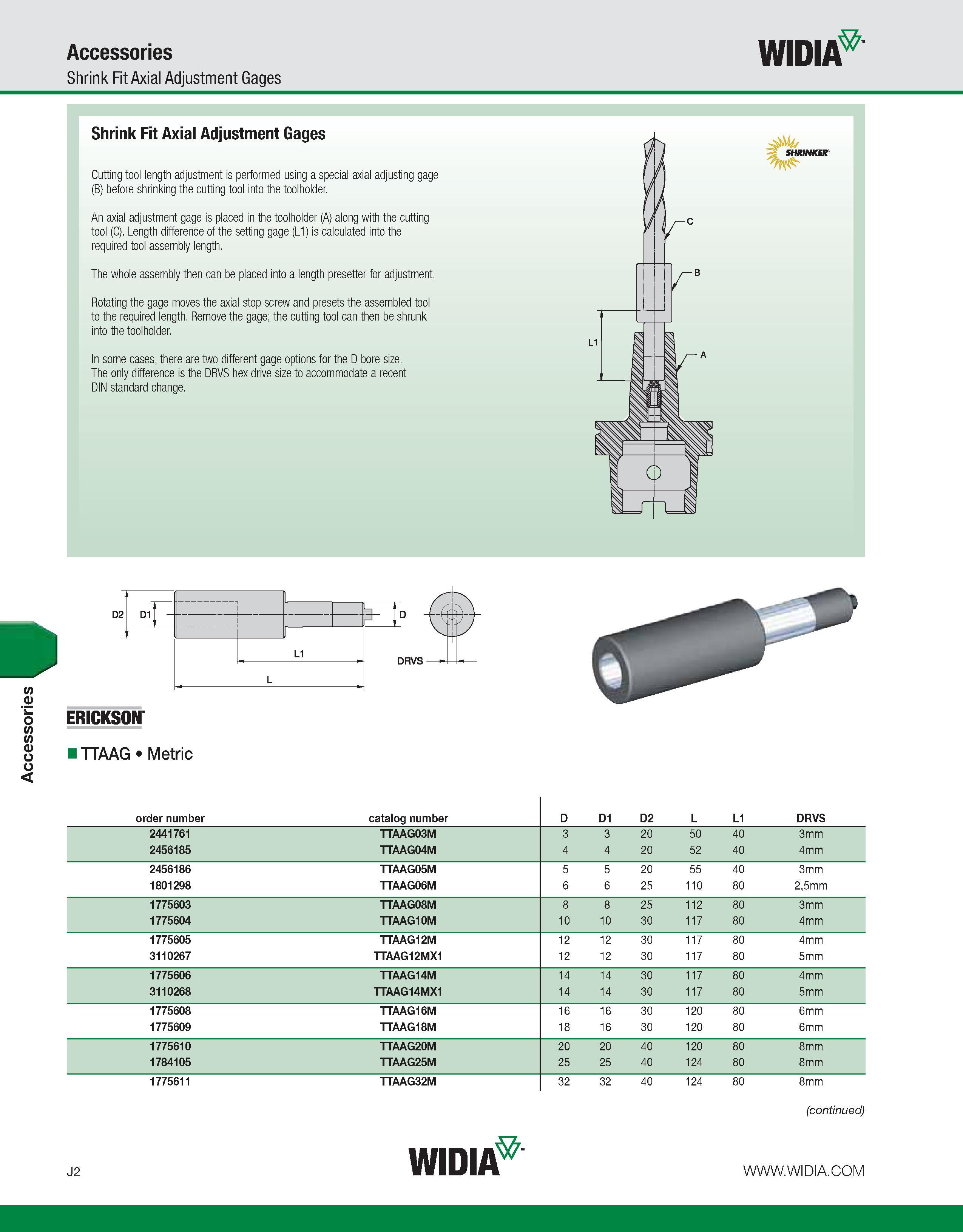 992 Accessories Accessories Shrink Fit Axial Adjustment Gages WIDIA Shrink Fit Axial Adjustment Gages Cutting tool length adjustment is performed usi Каталог WIDIA 2011 Инструментальная оснастка для металлорежущих станков Вспомогательный инструмент для оборудования Адаптеры Насадки Оправки Патроны Стр. J2 ENG