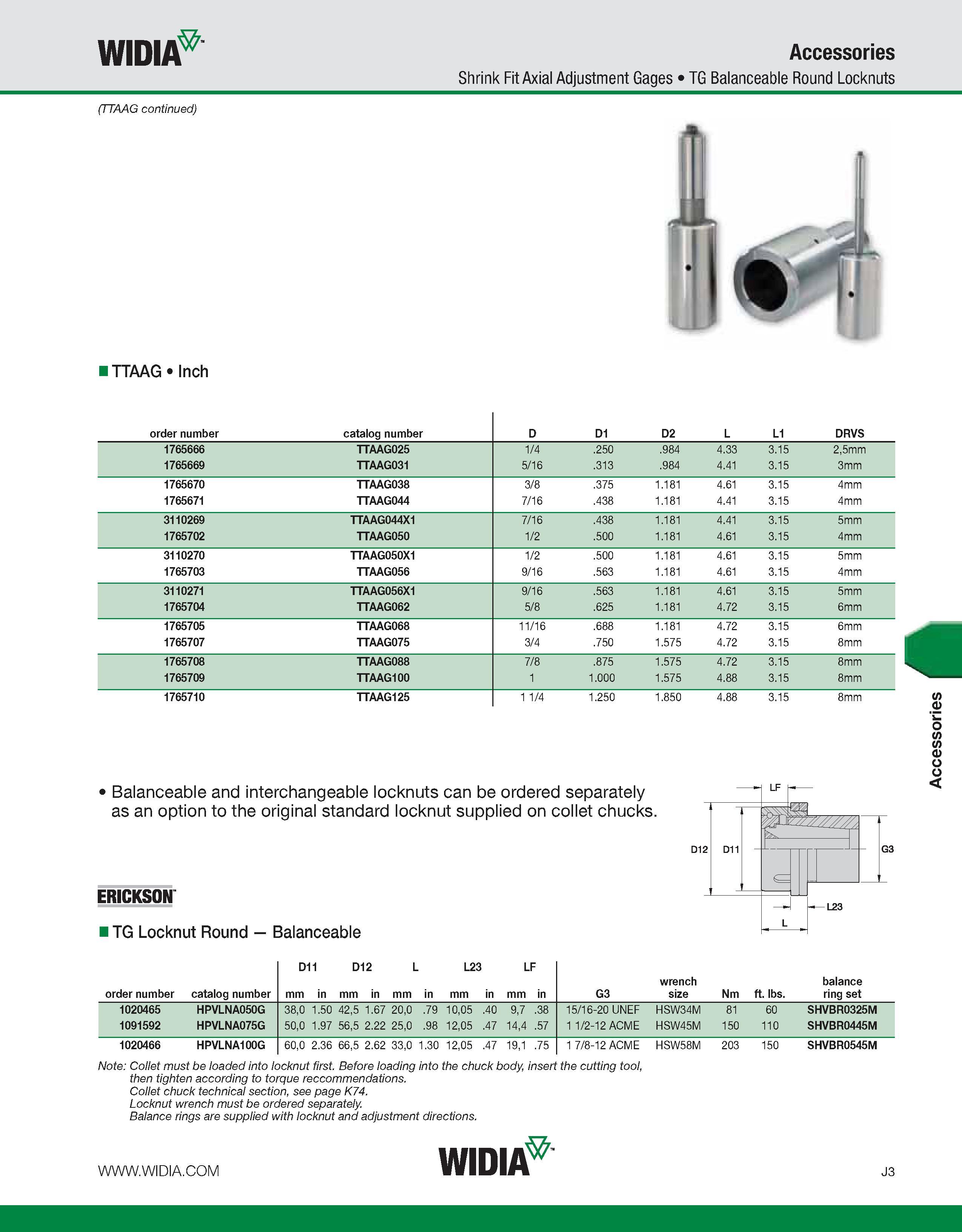 993 WIDIA Accessories Shrink Fit Axial Adjustment Gages TG Balanceable Round Locknuts (TTAAG continued) ITTAAG Inch order number catalog number D D1 Каталог WIDIA 2011 Инструментальная оснастка для металлорежущих станков Вспомогательный инструмент для оборудования Адаптеры Насадки Оправки Патроны Стр. J3 ENG