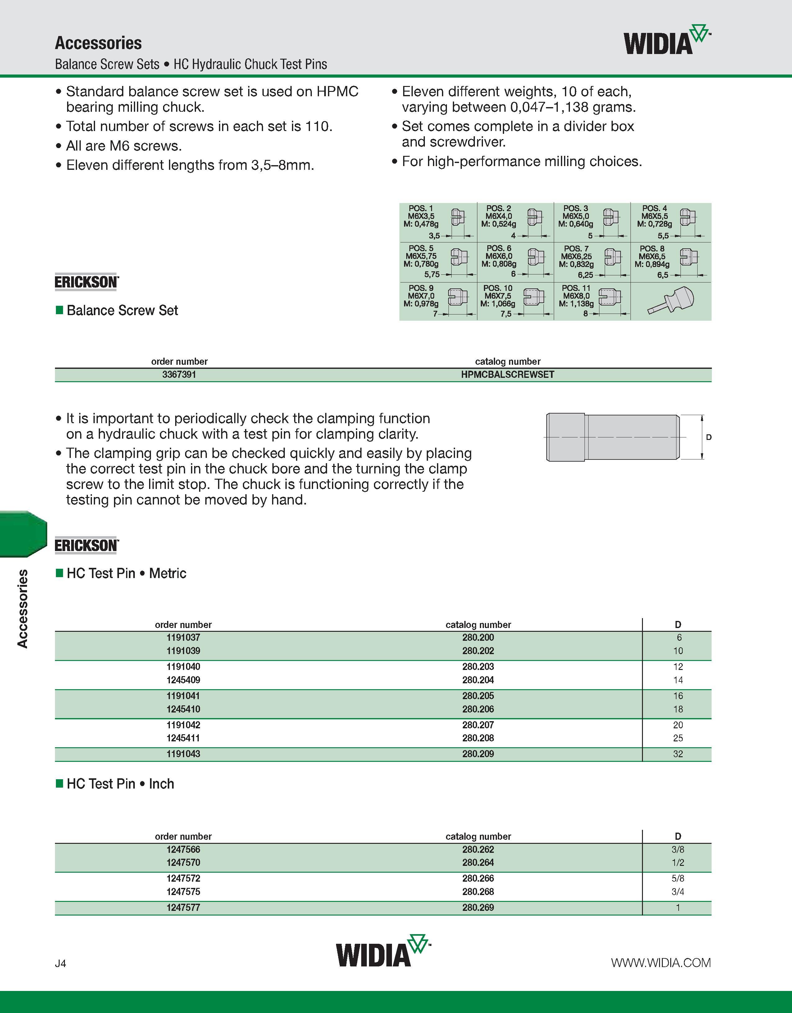 994 Accessories Accessories Balance Screw Sets HC Hydraulic Chuck Test Pins WIDIA Standard balance screw set is used on HPMC bearing milling chuck To Каталог WIDIA 2011 Инструментальная оснастка для металлорежущих станков Вспомогательный инструмент для оборудования Адаптеры Насадки Оправки Патроны Стр. J4 ENG