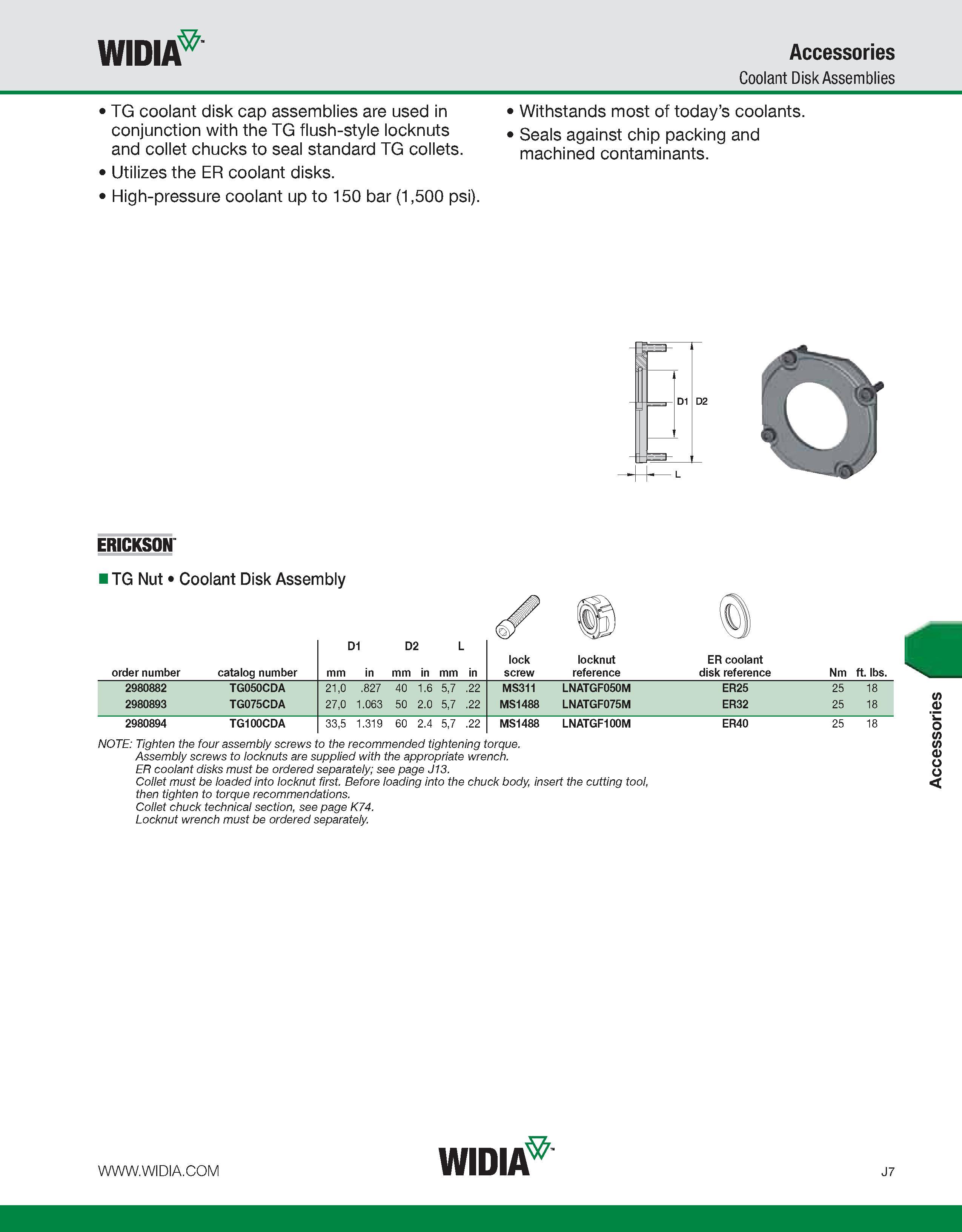 997 WIDIA Accessories Coolant Disk Assemblies TG coolant disk cap assemblies are used in conjunction with the TG flush-style locknuts and collet chuc Каталог WIDIA 2011 Инструментальная оснастка для металлорежущих станков Вспомогательный инструмент для оборудования Адаптеры Насадки Оправки Патроны Стр. J7 ENG