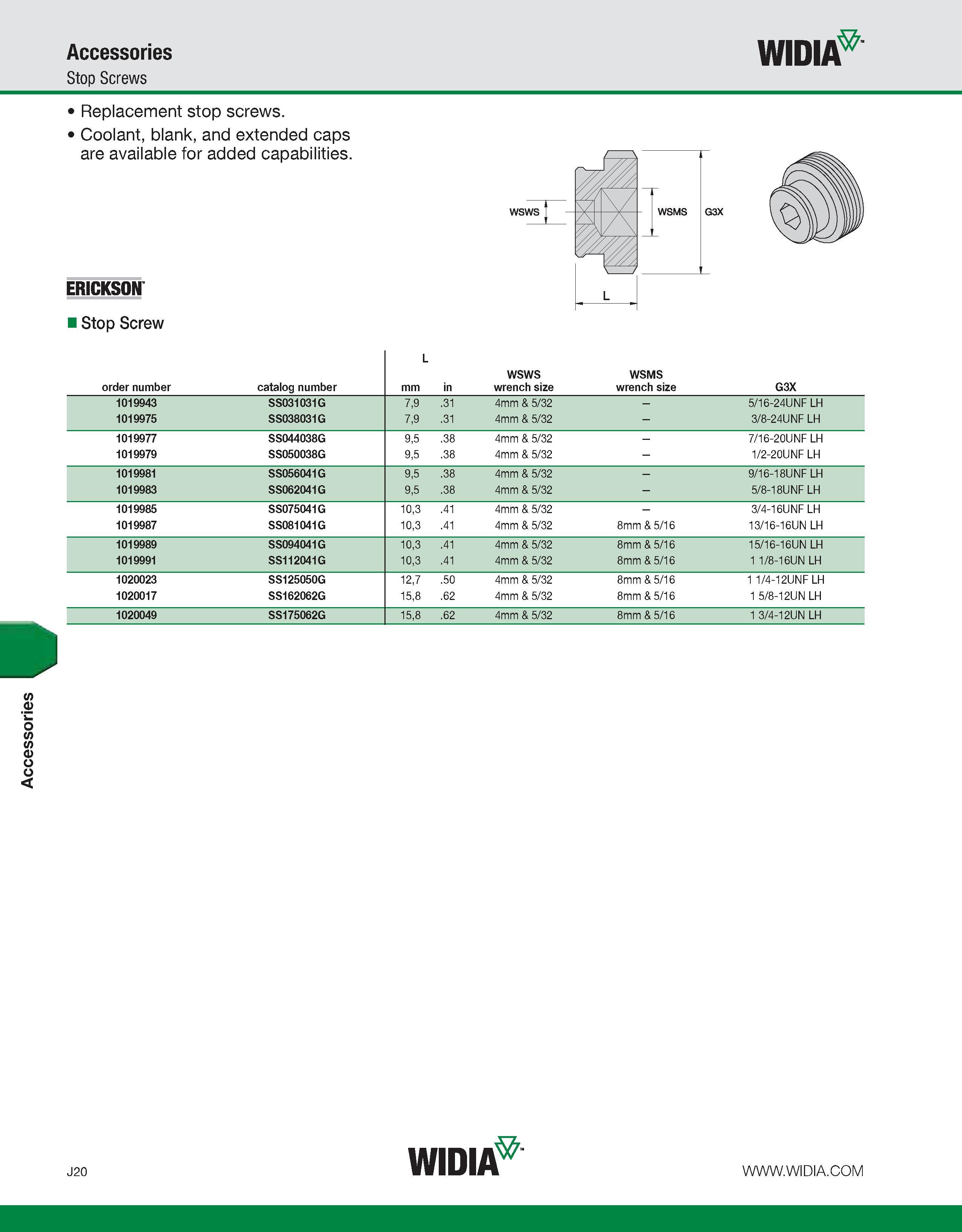 1010 Accessories Accessories Stop Screws WIDIA Replacement stop screws Coolant, blank, and extended caps are available for added capabilities ERICKSON Каталог WIDIA 2011 Инструментальная оснастка для металлорежущих станков Вспомогательный инструмент для оборудования Адаптеры Насадки Оправки Патроны Стр. J20 ENG