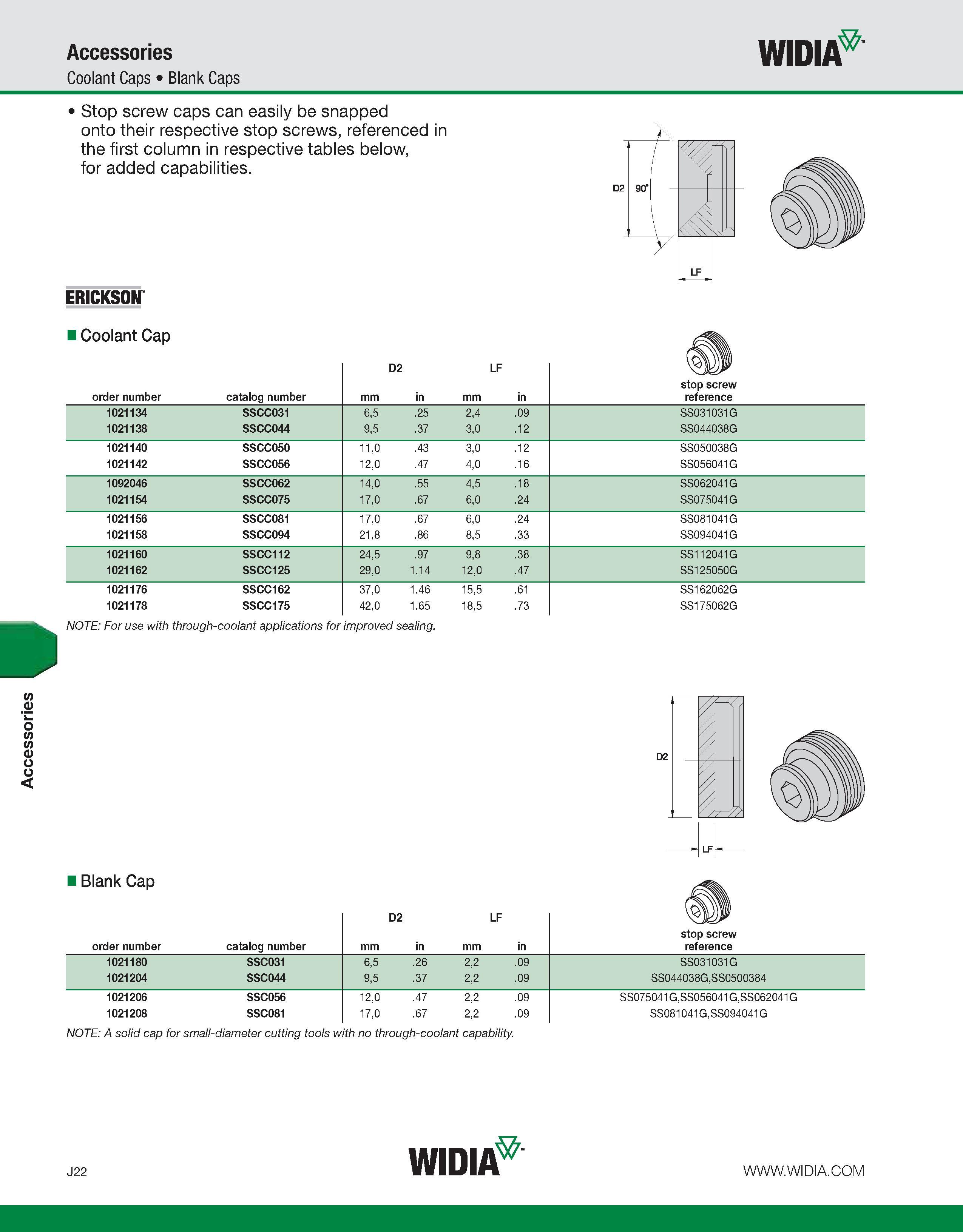 1012 Accessories Accessories Coolant Caps Blank Caps WIDIA Stop screw caps can easily be snapped onto their respective stop screws, referenced in the Каталог WIDIA 2011 Инструментальная оснастка для металлорежущих станков Вспомогательный инструмент для оборудования Адаптеры Насадки Оправки Патроны Стр. J22 ENG