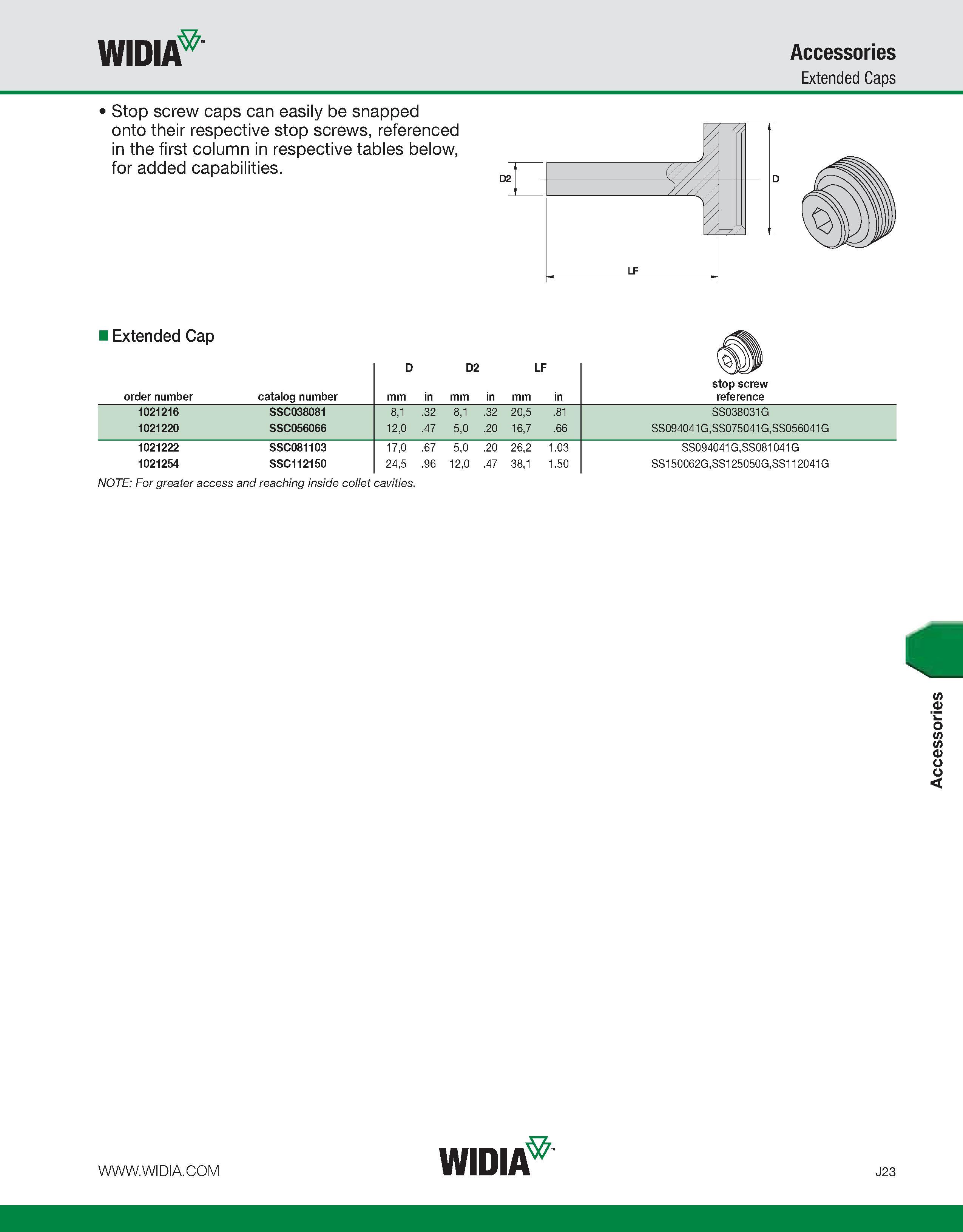 1013 WIDIA Accessories Extended Caps Stop screw caps can easily be snapped onto their respective stop screws, referenced in the first column in respec Каталог WIDIA 2011 Инструментальная оснастка для металлорежущих станков Вспомогательный инструмент для оборудования Адаптеры Насадки Оправки Патроны Стр. J23 ENG