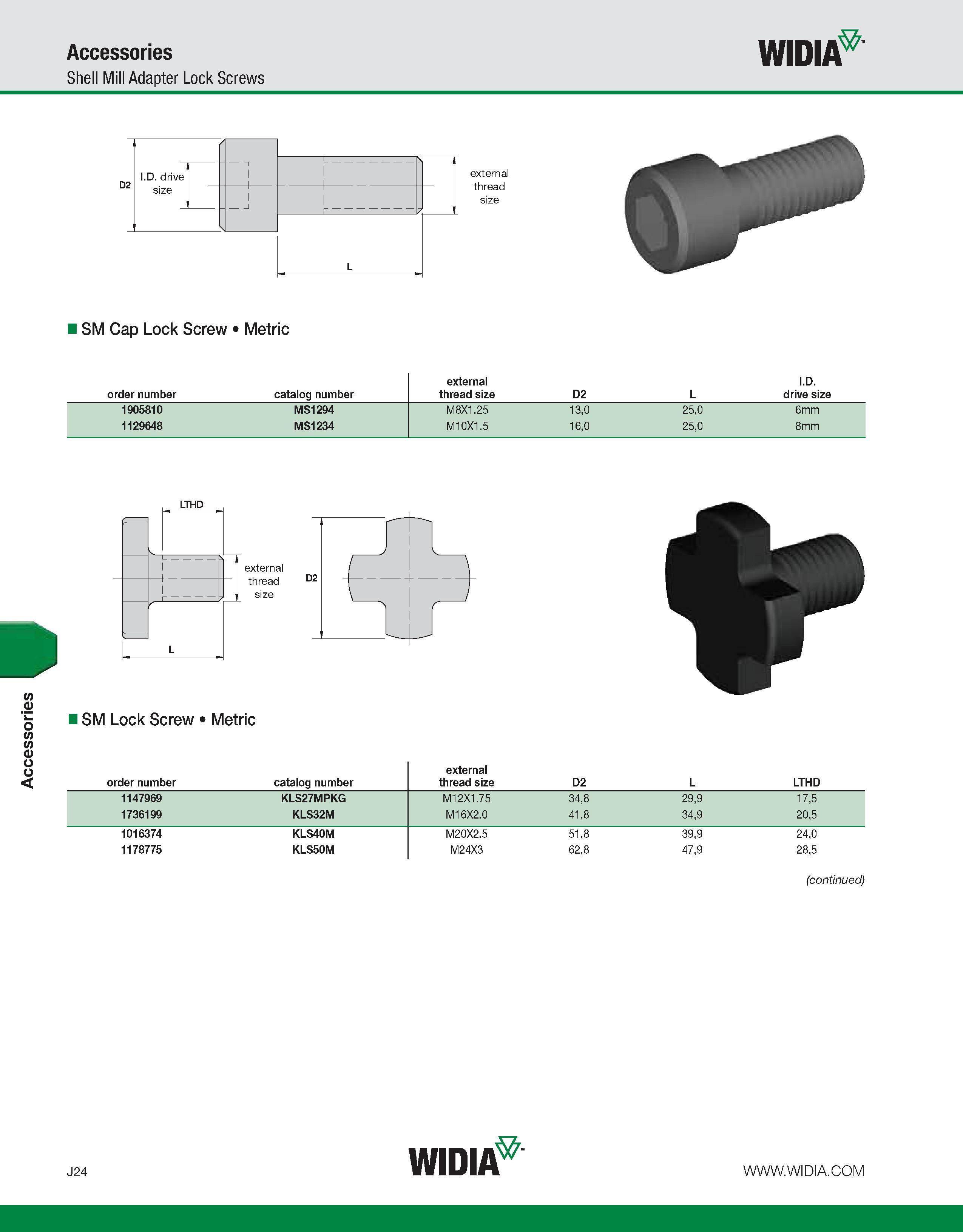 1014 Accessories Accessories Shell Mill Adapter Lock Screws WIDIA external thread size SM Cap Lock Screw Metric order number catalog number external t Каталог WIDIA 2011 Инструментальная оснастка для металлорежущих станков Вспомогательный инструмент для оборудования Адаптеры Насадки Оправки Патроны Стр. J24 ENG