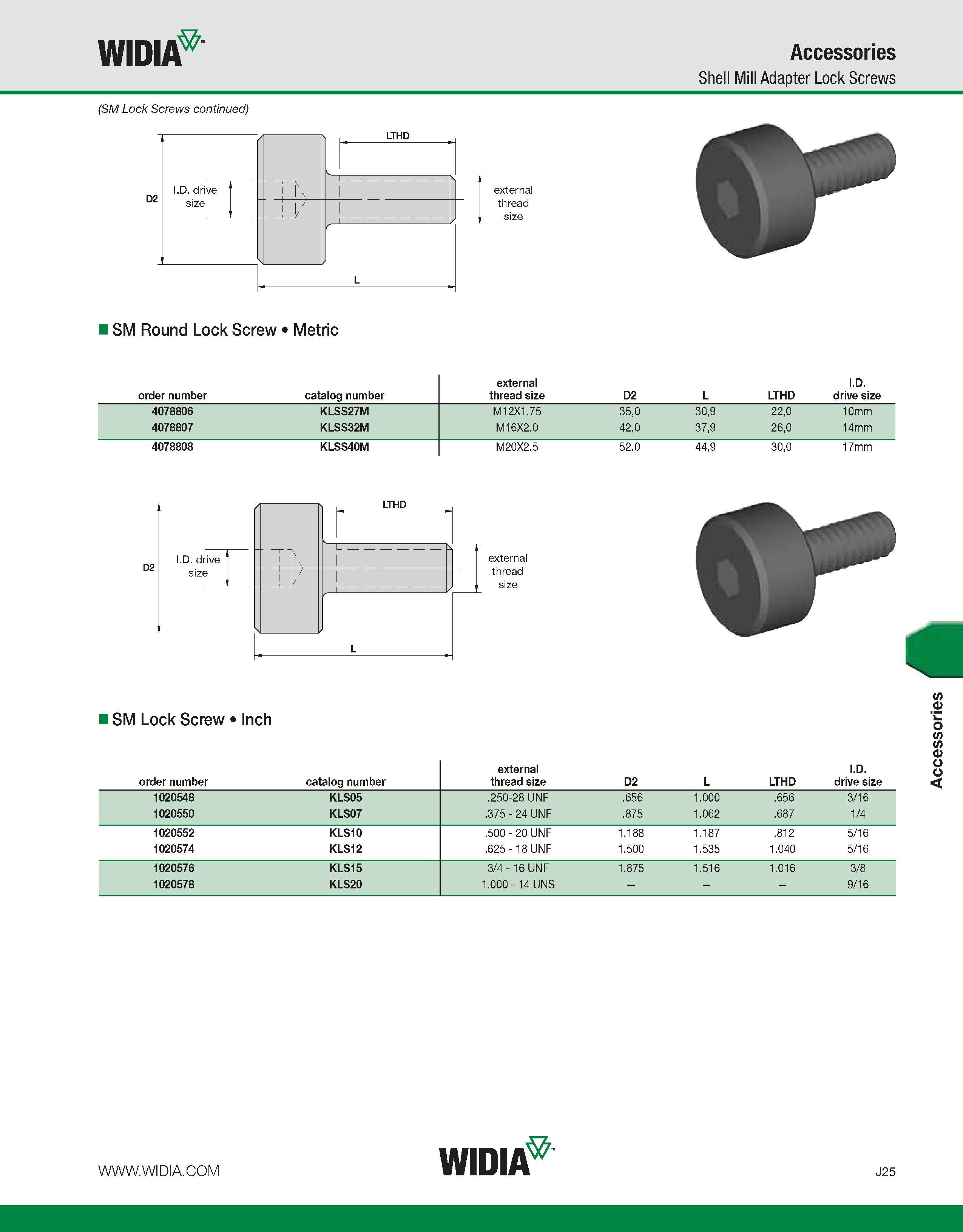 1015 WIDIA Accessories Shell Mill Adapter Lock Screws SM Round Lock Screw Metric order number catalog number external thread size D2 L LTHD I D drive Каталог WIDIA 2011 Инструментальная оснастка для металлорежущих станков Вспомогательный инструмент для оборудования Адаптеры Насадки Оправки Патроны Стр. J25 ENG