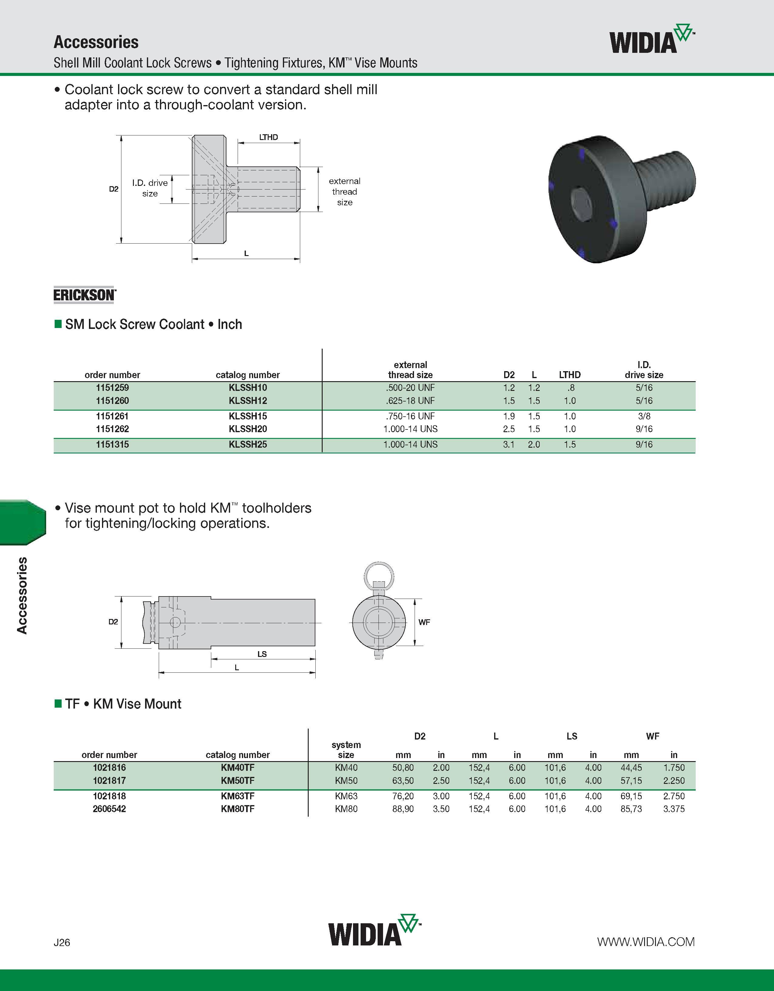 1016 Accessories Accessories WIDIA Shell Mill Coolant Lock Screws Tightening Fixtures, KM Vise Mounts Coolant lock screw to convert a standard shell m Каталог WIDIA 2011 Инструментальная оснастка для металлорежущих станков Вспомогательный инструмент для оборудования Адаптеры Насадки Оправки Патроны Стр. J26 ENG
