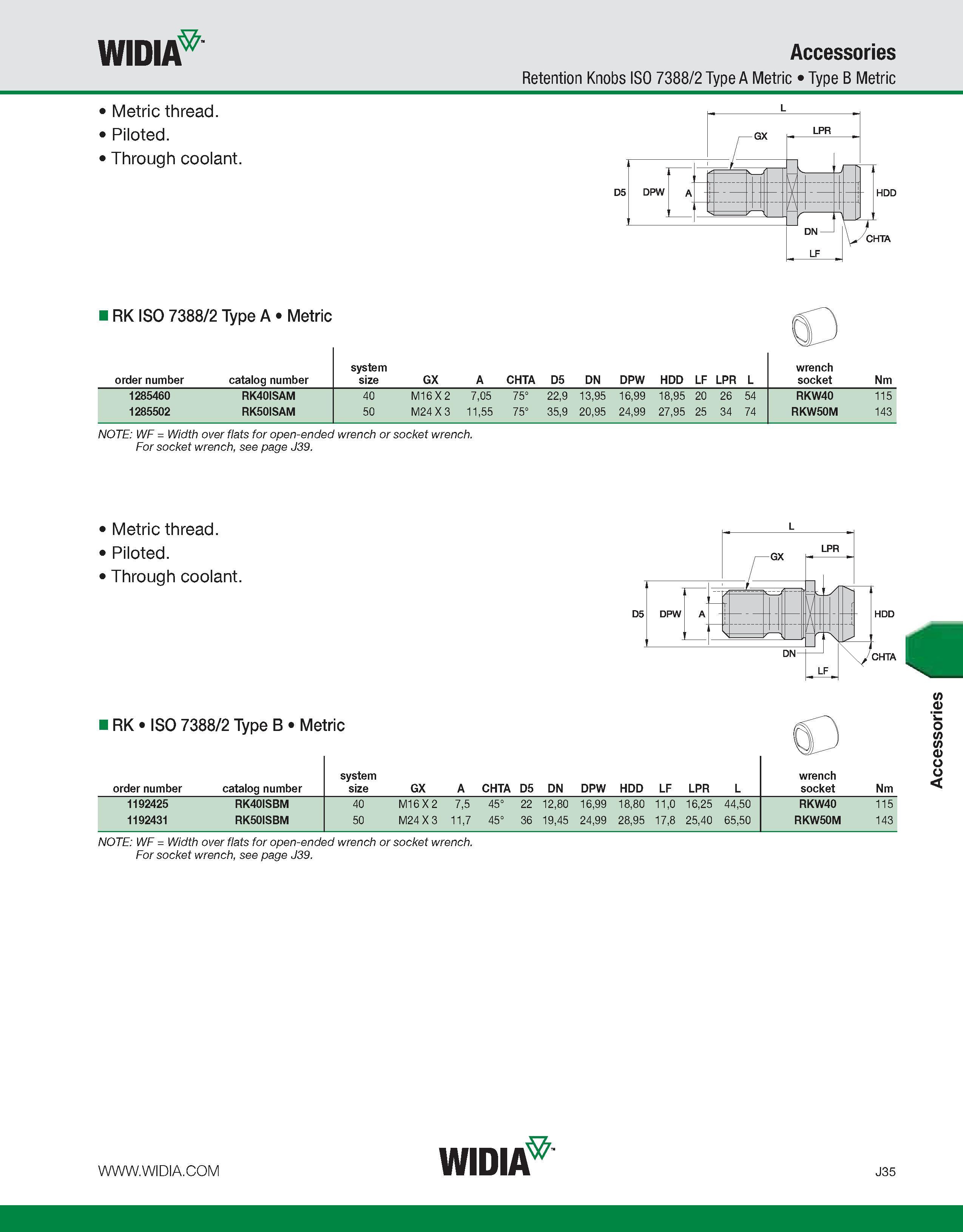 1025 WIDIA Accessories Retention Knobs ISO 7388/2 Type A Metric Type B Metric Metric thread Piloted Through coolant GX D5 LPR DN LF CHTA IRK ISO 7388/ Каталог WIDIA 2011 Инструментальная оснастка для металлорежущих станков Вспомогательный инструмент для оборудования Адаптеры Насадки Оправки Патроны Стр. J35 ENG