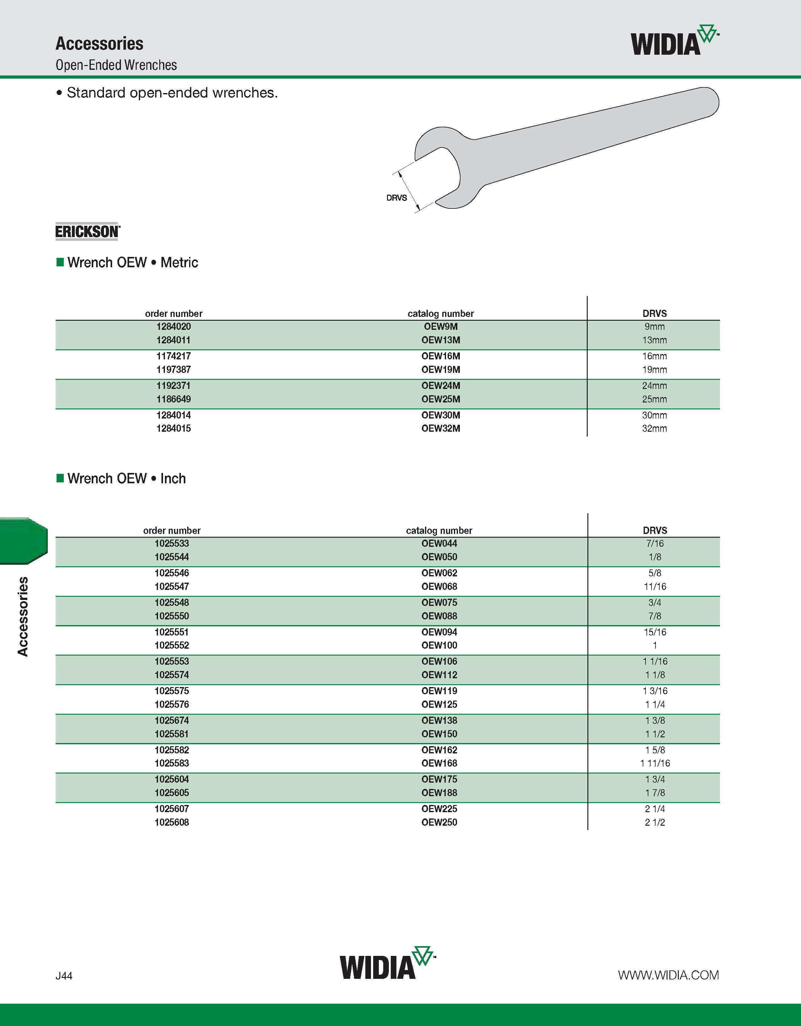 1034 Accessories Accessories Open-Ended Wrenches WIDIA Standard open-ended wrenches ERICKSON i Wrench OEW Metric order number catalog number DRVS 1284 Каталог WIDIA 2011 Инструментальная оснастка для металлорежущих станков Вспомогательный инструмент для оборудования Адаптеры Насадки Оправки Патроны Стр. J44 ENG