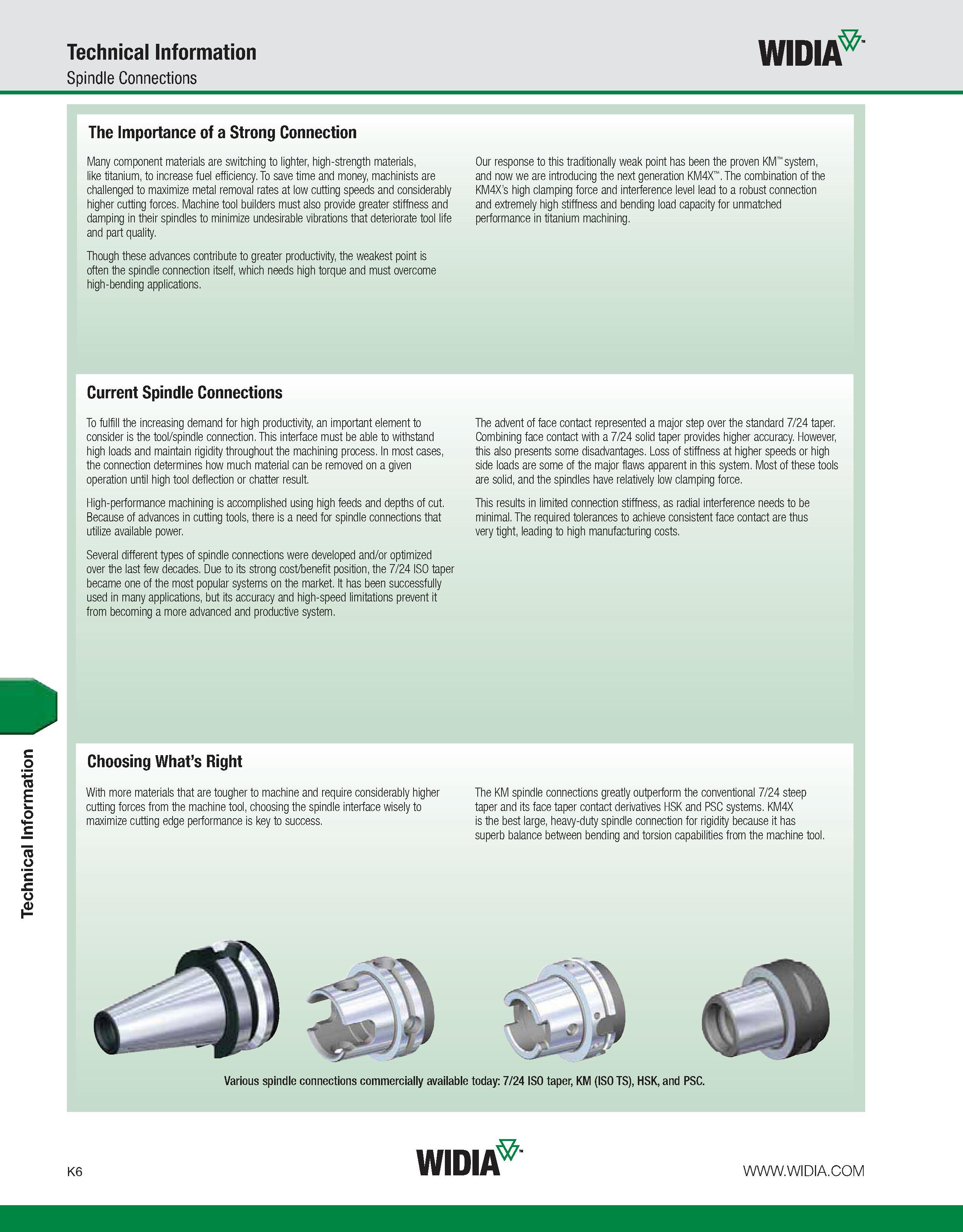 1042 Technical Information Technical Information Spindle Connections WIDIA The Importance of a Strong Connection Many component materials are switchin Каталог WIDIA 2011 Инструментальная оснастка для металлорежущих станков Вспомогательный инструмент для оборудования Адаптеры Насадки Оправки Патроны Стр. K6 ENG