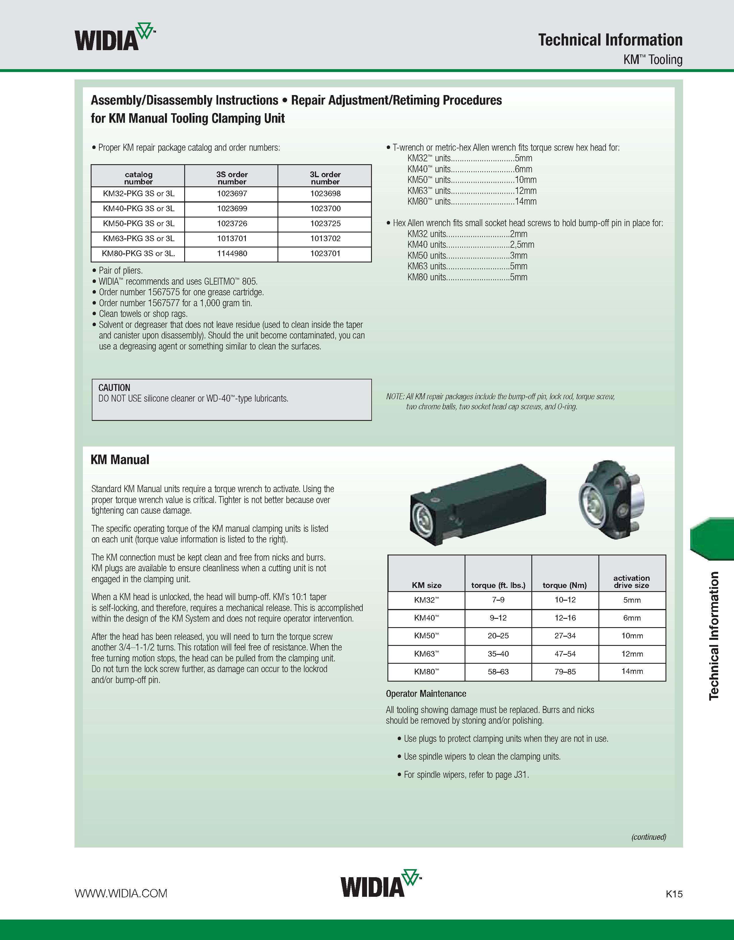 1051 WIDIA Technical Information KM Tooling Assembly/Disassembly Instructions Repair Adjustment/Retiming Procedures for KM Manual Tooling Clamping Uni Каталог WIDIA 2011 Инструментальная оснастка для металлорежущих станков Вспомогательный инструмент для оборудования Адаптеры Насадки Оправки Патроны Стр. K15 ENG