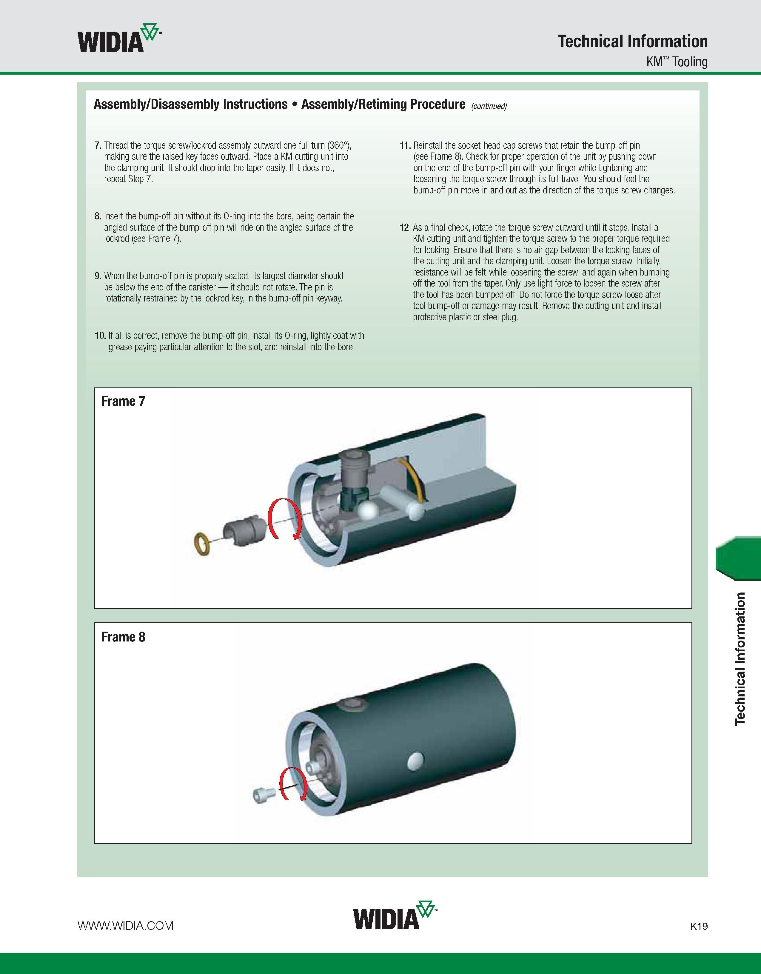 1055 WIDIA Technical Information KM Tooling Assembly/Disassembly Instructions Assembly/Retiming Procedure (continued) 7 Thread the torque screw/lockro Каталог WIDIA 2011 Инструментальная оснастка для металлорежущих станков Вспомогательный инструмент для оборудования Адаптеры Насадки Оправки Патроны Стр. K19 ENG