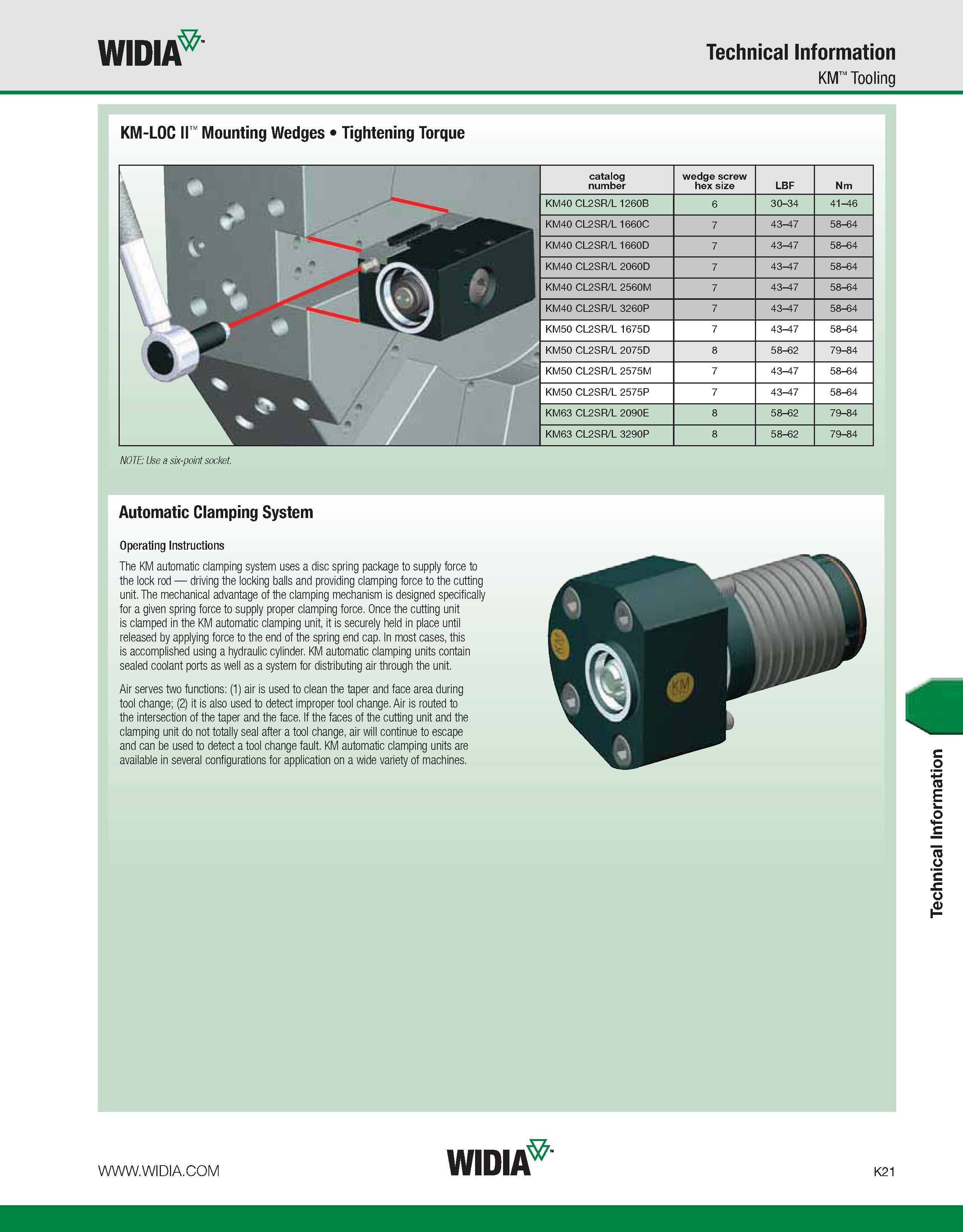 1057 WIDIA Technical Information KM Tooling KM-LOC II Mounting Wedges Tightening Torque catalog number wedge screw hex size LBF Nm KM40 CL2SR/L 1260B Каталог WIDIA 2011 Инструментальная оснастка для металлорежущих станков Вспомогательный инструмент для оборудования Адаптеры Насадки Оправки Патроны Стр. K21 ENG
