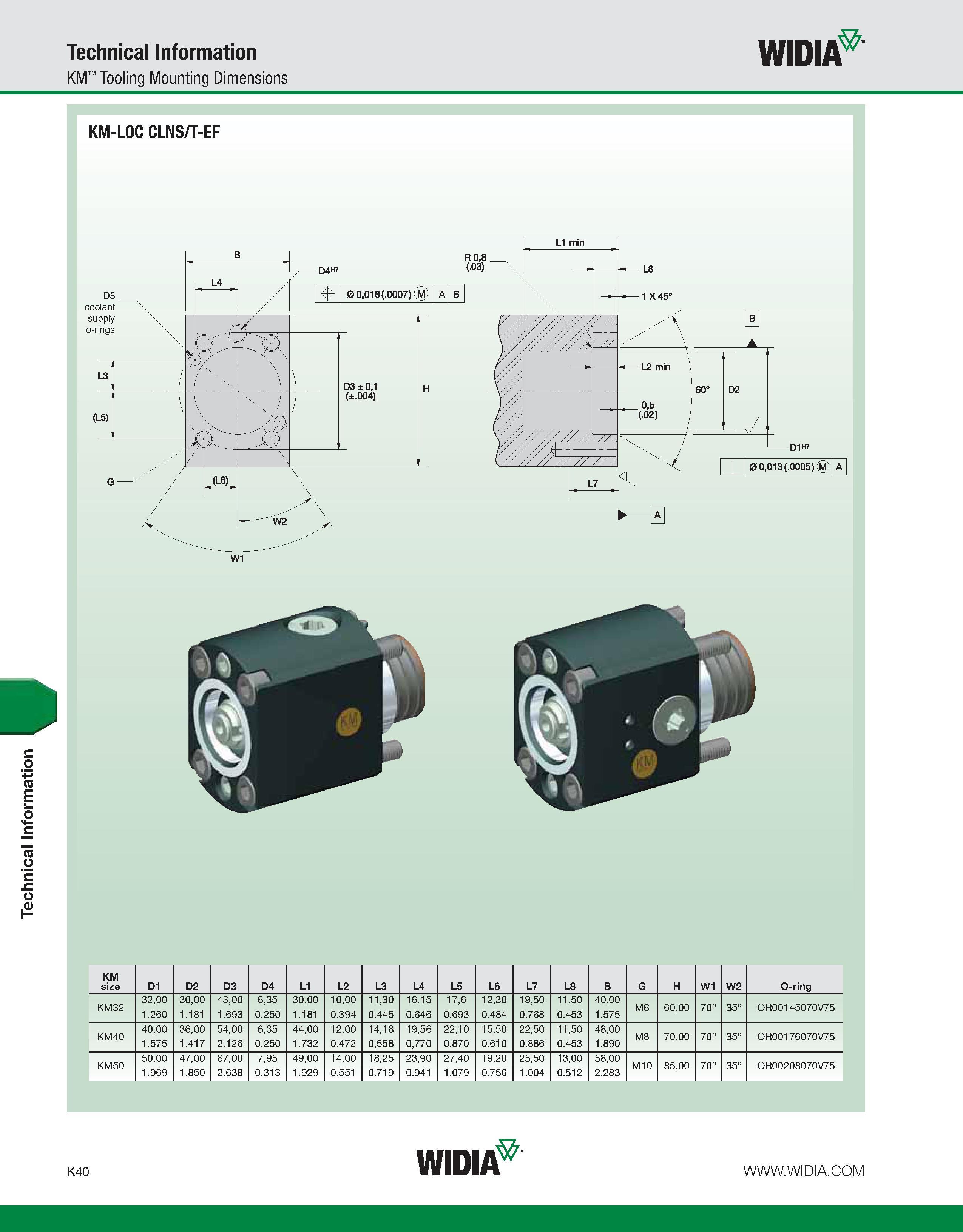 1076 Technical Information Technical Information KM Tooling Mounting Dimensions WIDIA KM-LOC CLNS/T-EF KM size D1 D2 D3 D4 L1 L2 L3 L4 L5 L6 L7 L8 B G Каталог WIDIA 2011 Инструментальная оснастка для металлорежущих станков Вспомогательный инструмент для оборудования Адаптеры Насадки Оправки Патроны Стр. K40 ENG