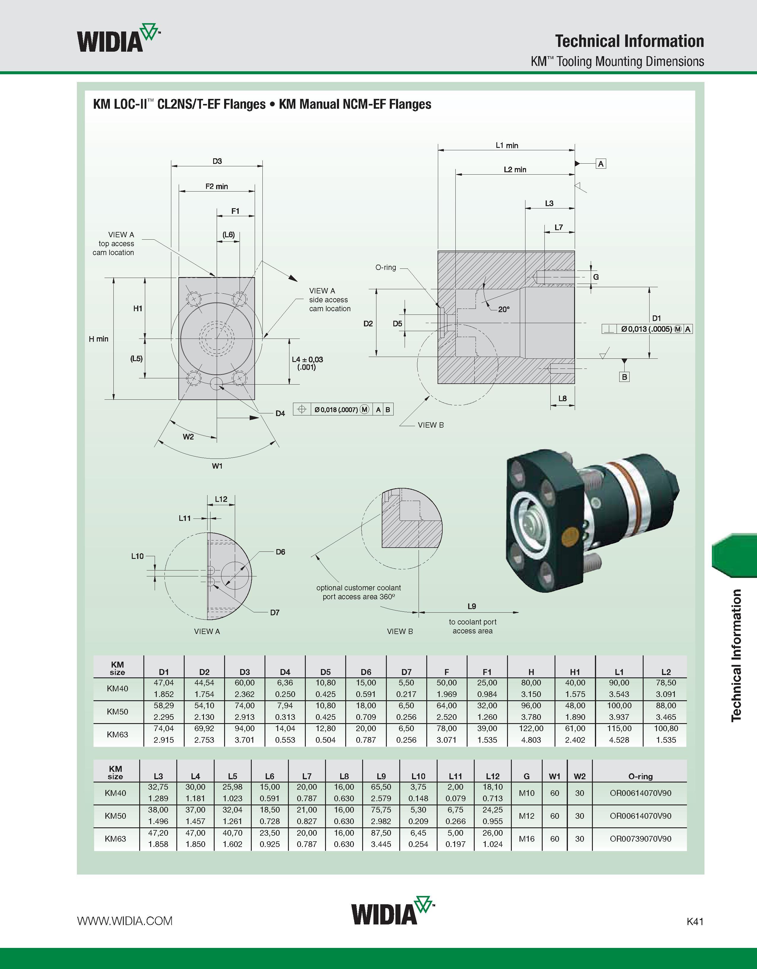1077 WIDIA Technical Information KM Tooling Mounting Dimensions KM LOC-II CL2NS/T-EF Flanges KM Manual NCM-EF Flanges L1 min VIEW A VIEW B access area Каталог WIDIA 2011 Инструментальная оснастка для металлорежущих станков Вспомогательный инструмент для оборудования Адаптеры Насадки Оправки Патроны Стр. K41 ENG