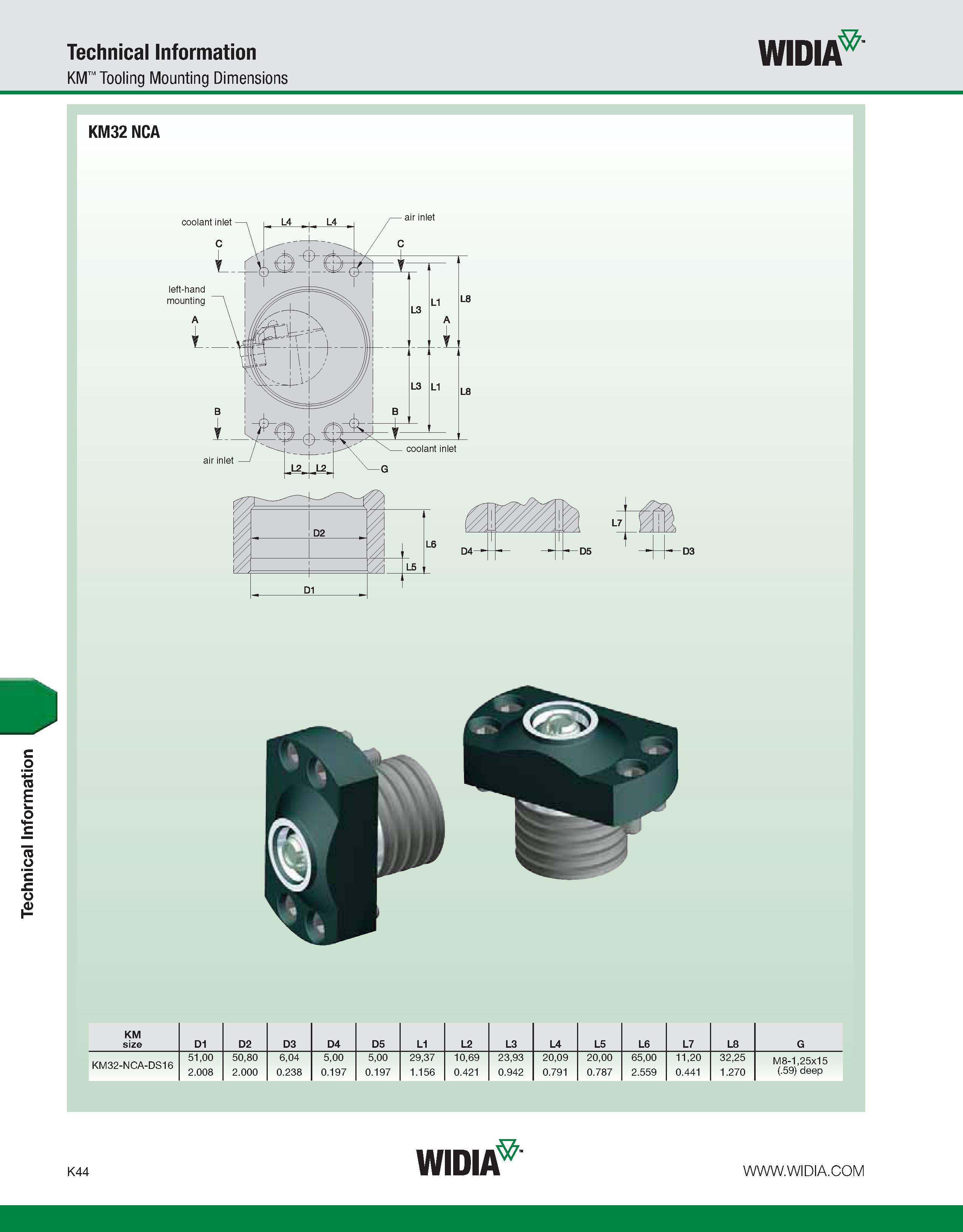 1080 Technical Information Technical Information KM Tooling Mounting Dimensions WIDIA KM32 NCA KM size D1 D2 D3 D4 D5 L1 L2 L3 L4 L5 L6 L7 L8 G KM32-N Каталог WIDIA 2011 Инструментальная оснастка для металлорежущих станков Вспомогательный инструмент для оборудования Адаптеры Насадки Оправки Патроны Стр. K44 ENG