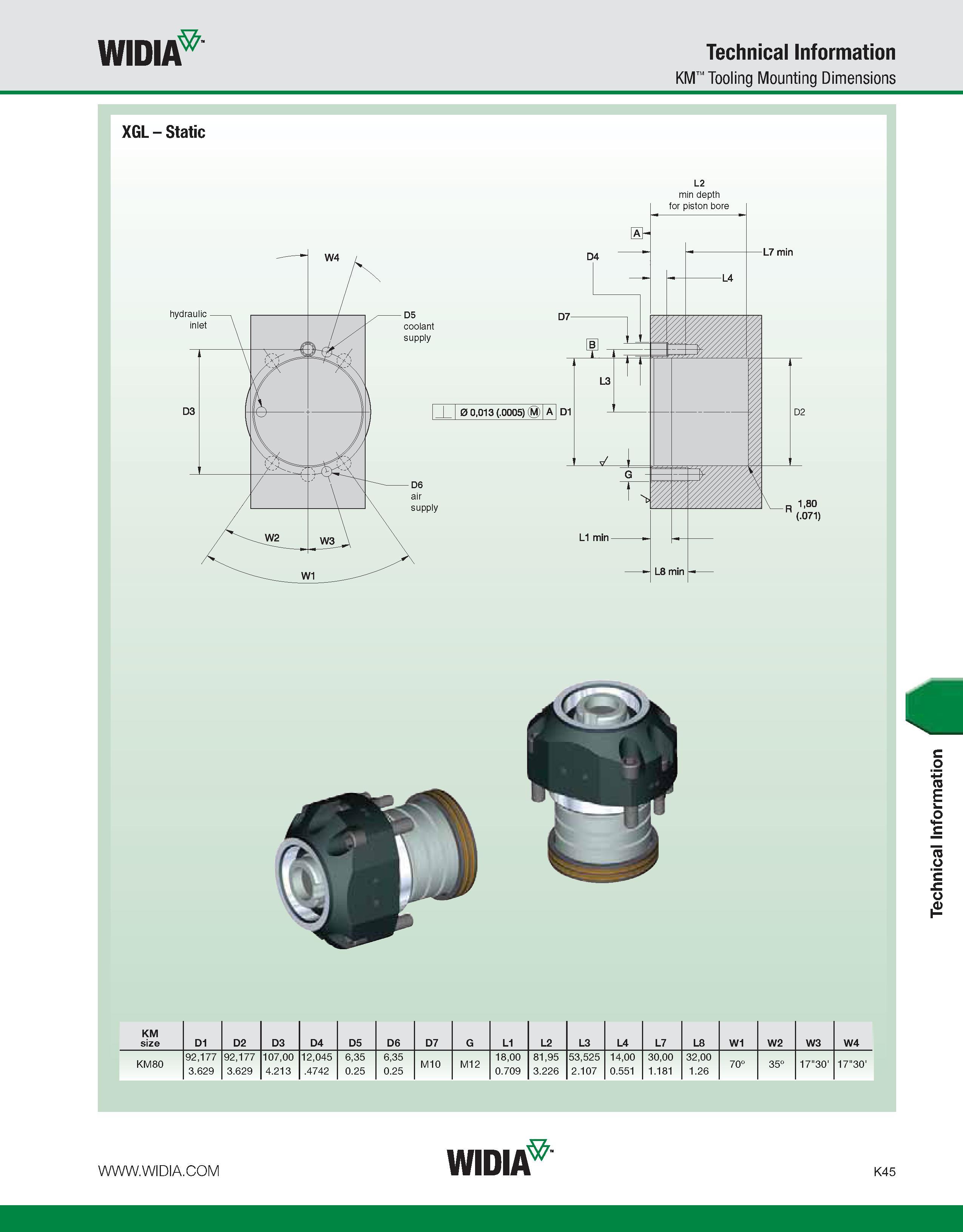 1081 WIDIA Technical Information KM Tooling Mounting Dimensions XGL - Static L2 min depth KM size D1 D2 D3 D4 D5 D6 D7 G L1 L2 L3 L4 L7 L8 W1 W2 W3 W4 Каталог WIDIA 2011 Инструментальная оснастка для металлорежущих станков Вспомогательный инструмент для оборудования Адаптеры Насадки Оправки Патроны Стр. K45 ENG