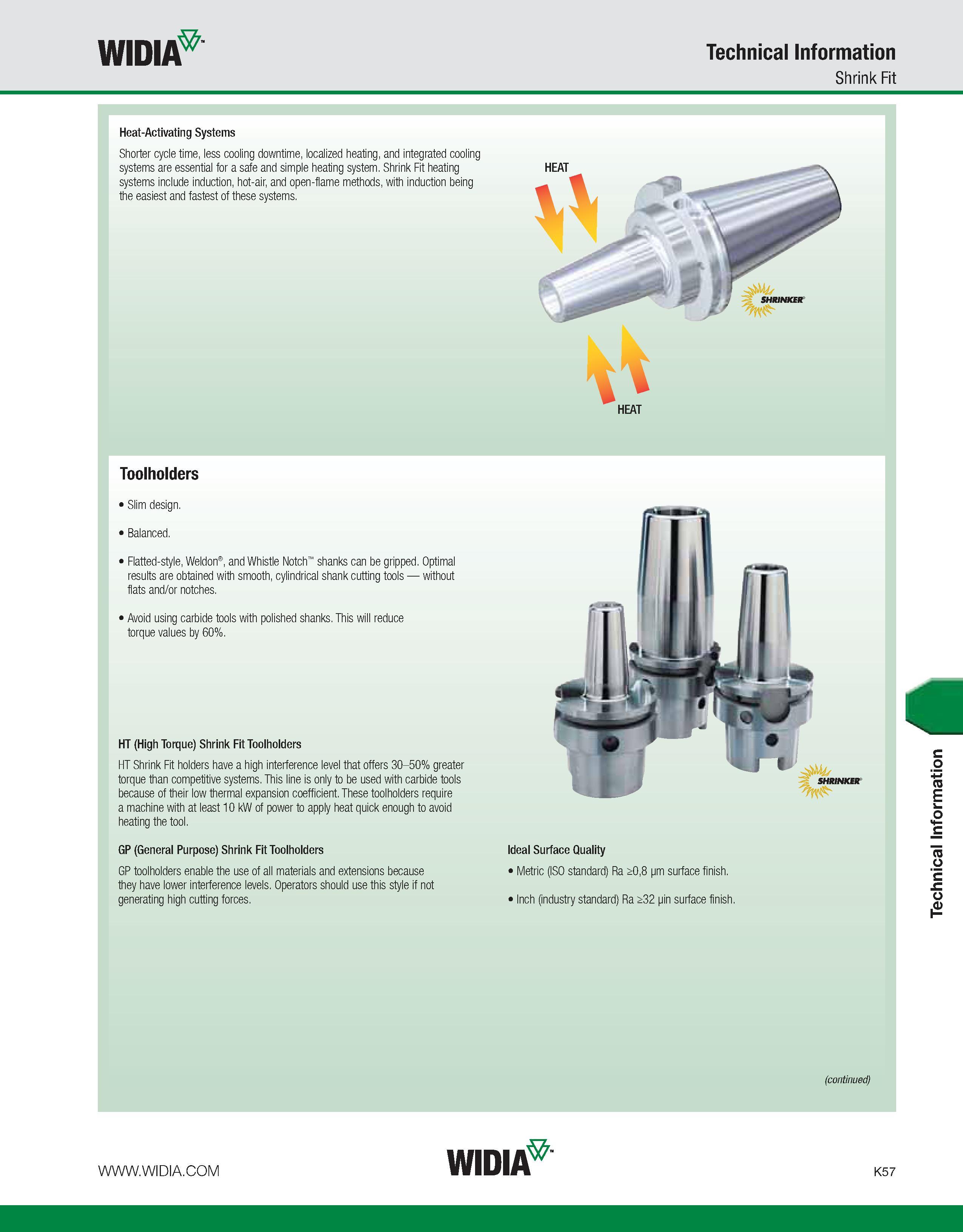 1093 WIDIA Technical Information Shrink Fit Heat-Activating Systems Shorter cycle time, less cooling downtime, localized heating, and integrated cooli Каталог WIDIA 2011 Инструментальная оснастка для металлорежущих станков Вспомогательный инструмент для оборудования Адаптеры Насадки Оправки Патроны Стр. K57 ENG