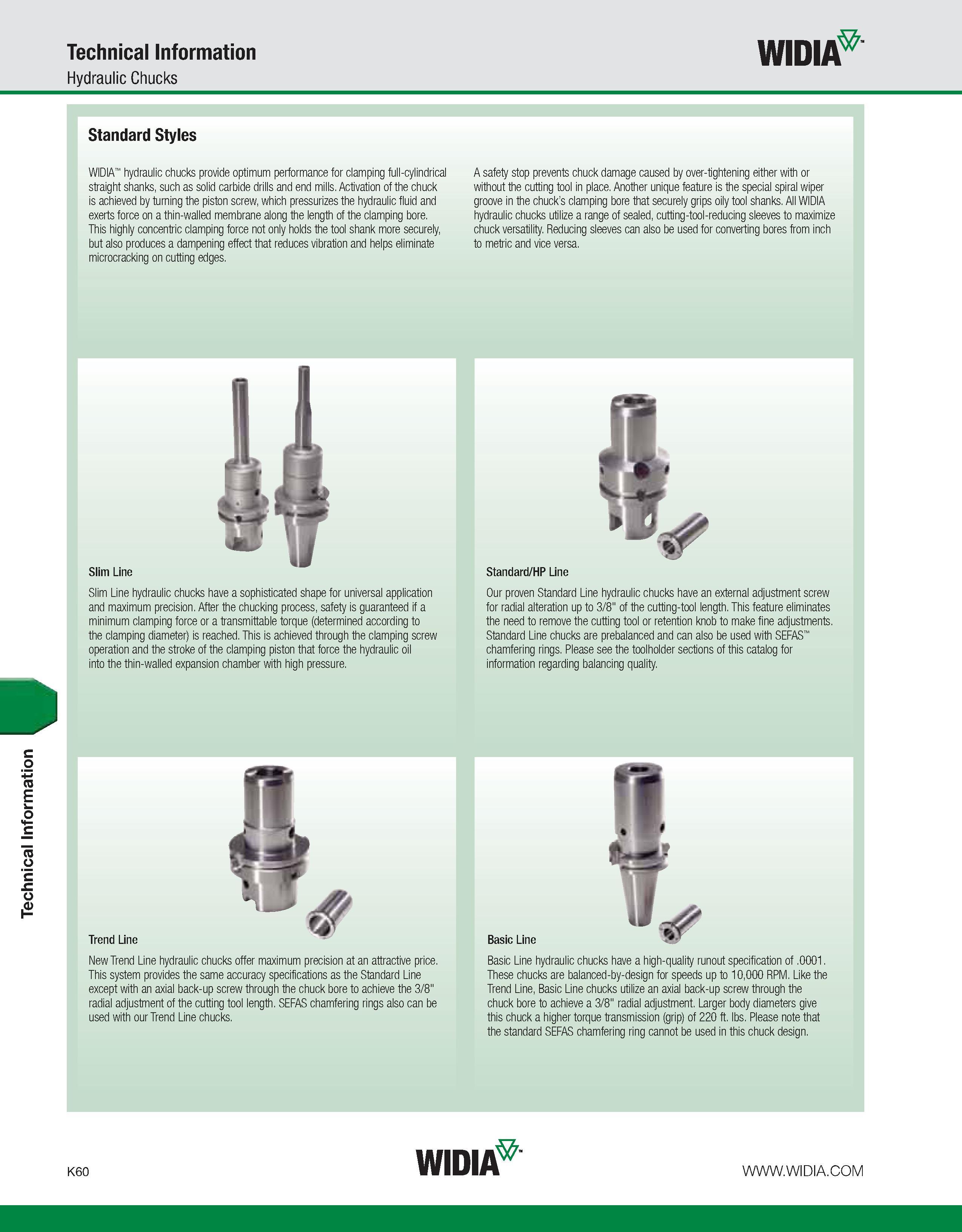 1096 Technical Information Technical Information Hydraulic Chucks WIDIA Standard Styles WIDIA hydraulic chucks provide optimum performance for clampin Каталог WIDIA 2011 Инструментальная оснастка для металлорежущих станков Вспомогательный инструмент для оборудования Адаптеры Насадки Оправки Патроны Стр. K60 ENG