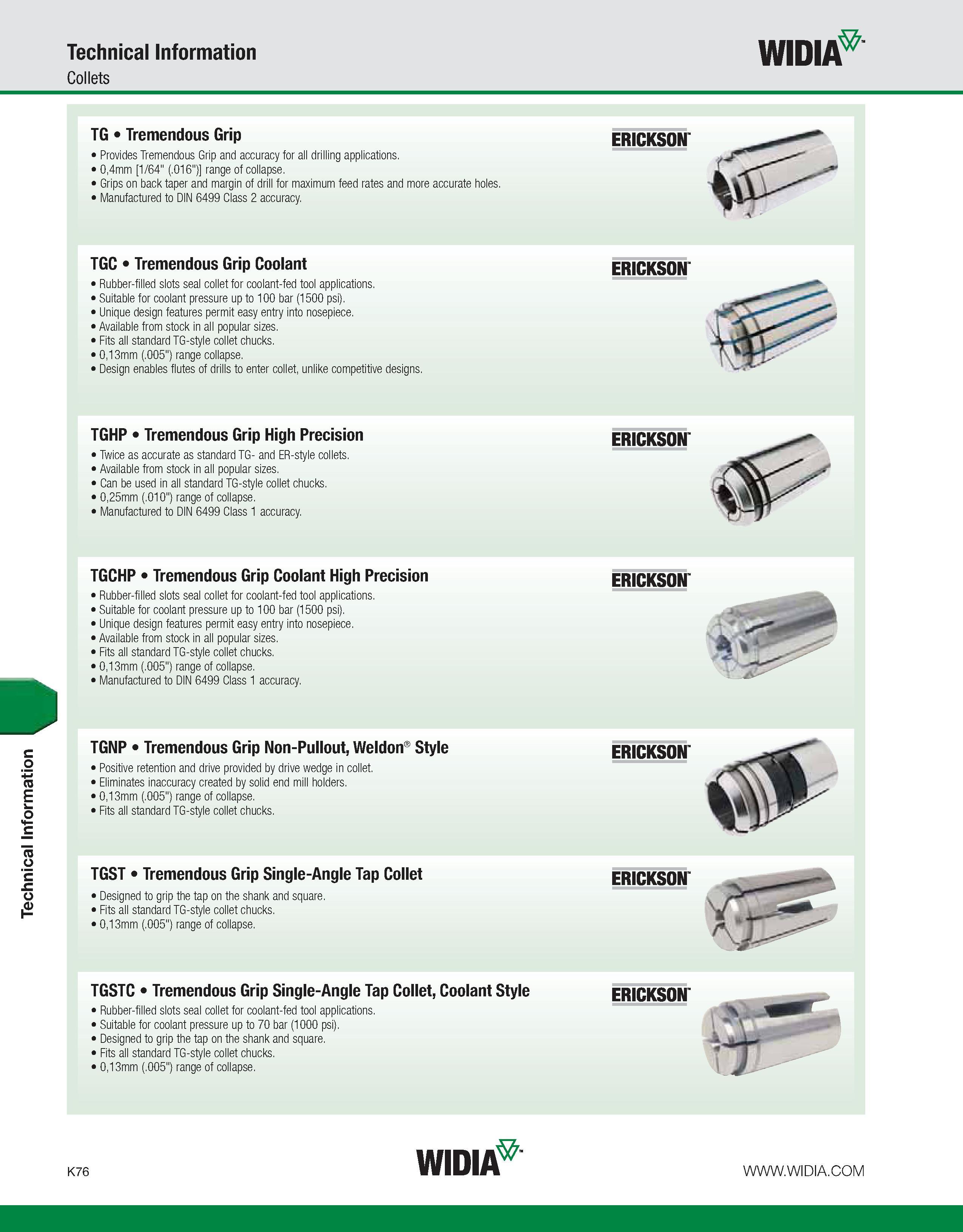 1112 Technical Information Technical Information Collets WIDIA TG Tremendous Grip Provides Tremendous Grip and accuracy for all drilling applications Каталог WIDIA 2011 Инструментальная оснастка для металлорежущих станков Вспомогательный инструмент для оборудования Адаптеры Насадки Оправки Патроны Стр. K76 ENG