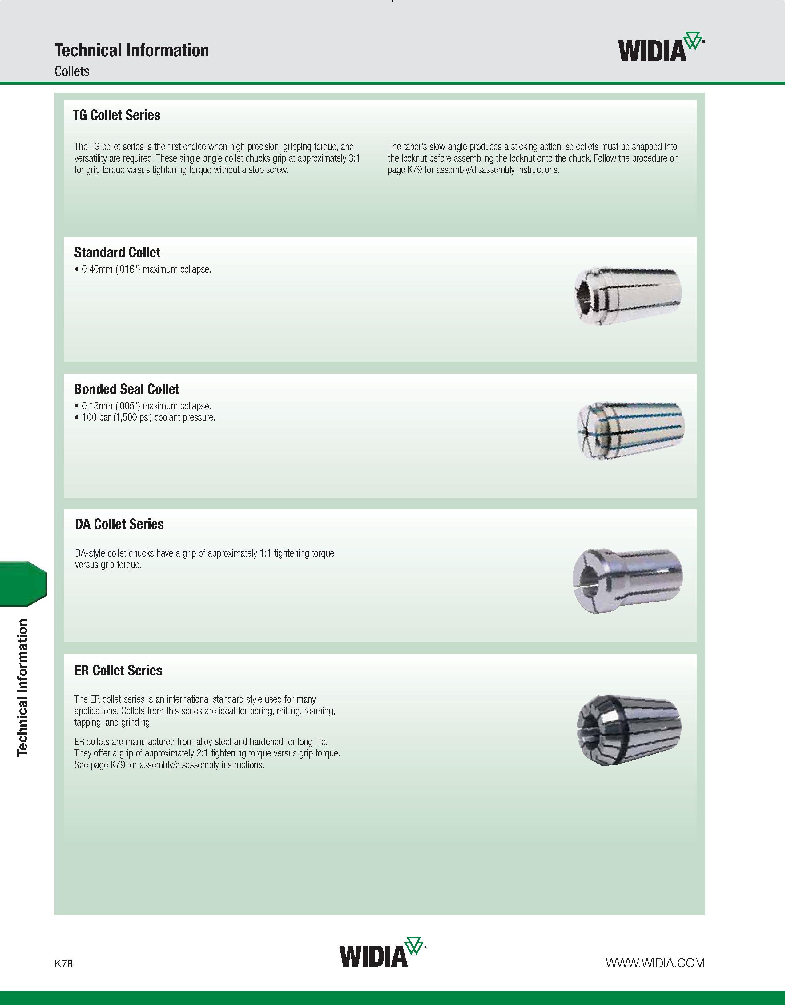 1114 Technical Information Collets WIDIA TG Collet Series The TG collet series is the first choice when high precision, gripping torque, and versatili Каталог WIDIA 2011 Инструментальная оснастка для металлорежущих станков Вспомогательный инструмент для оборудования Адаптеры Насадки Оправки Патроны Стр. K78 ENG