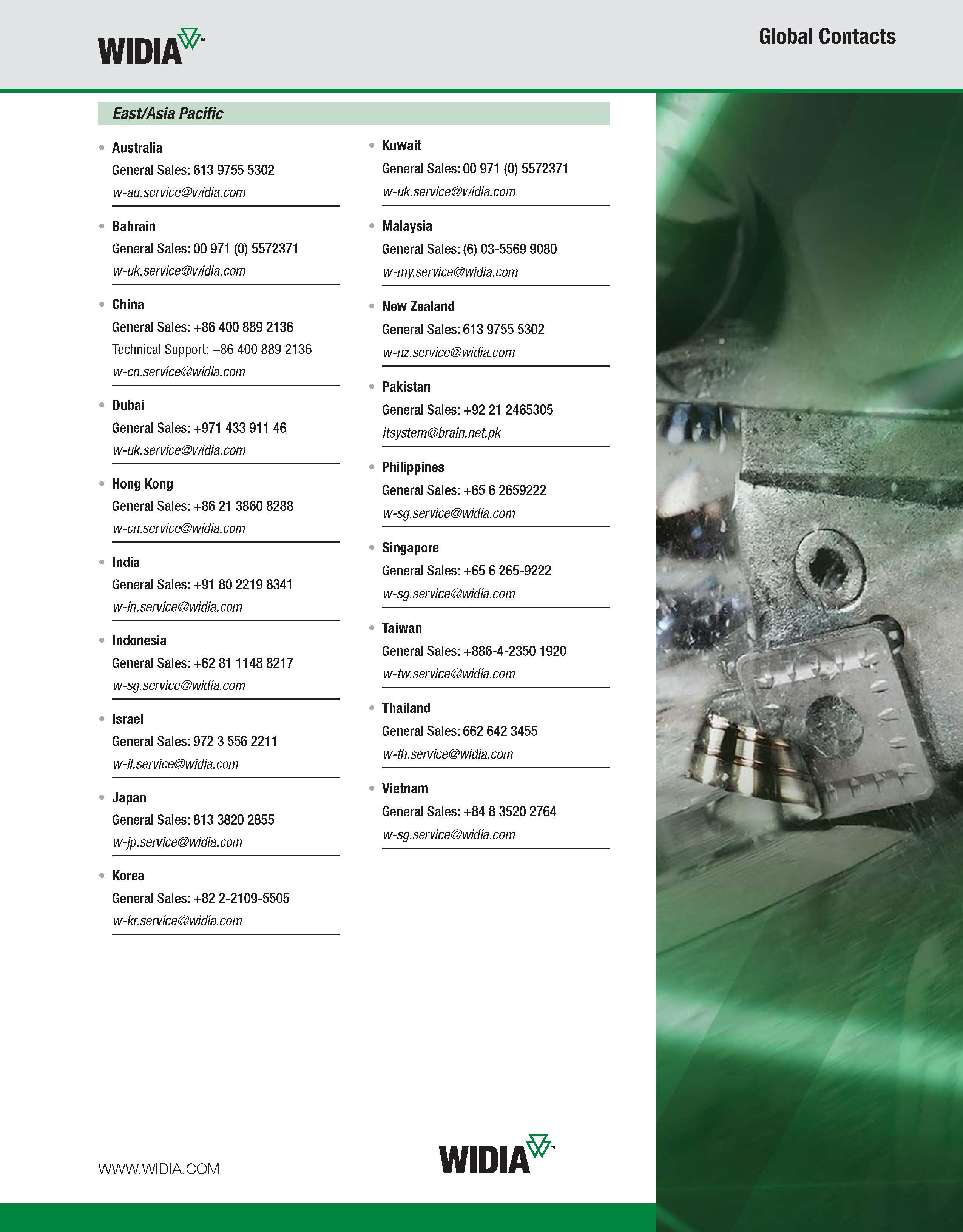 1185 WIDIA Global Contacts East/Asia Pacific Australia General Sales: 613 9755 5302 w-au service widia com Bahrain General Sales: 00 971 (0) 5572371 w Каталог WIDIA 2011 Инструментальная оснастка для металлорежущих станков Вспомогательный инструмент для оборудования Адаптеры Насадки Оправки Патроны Стр.  ENG