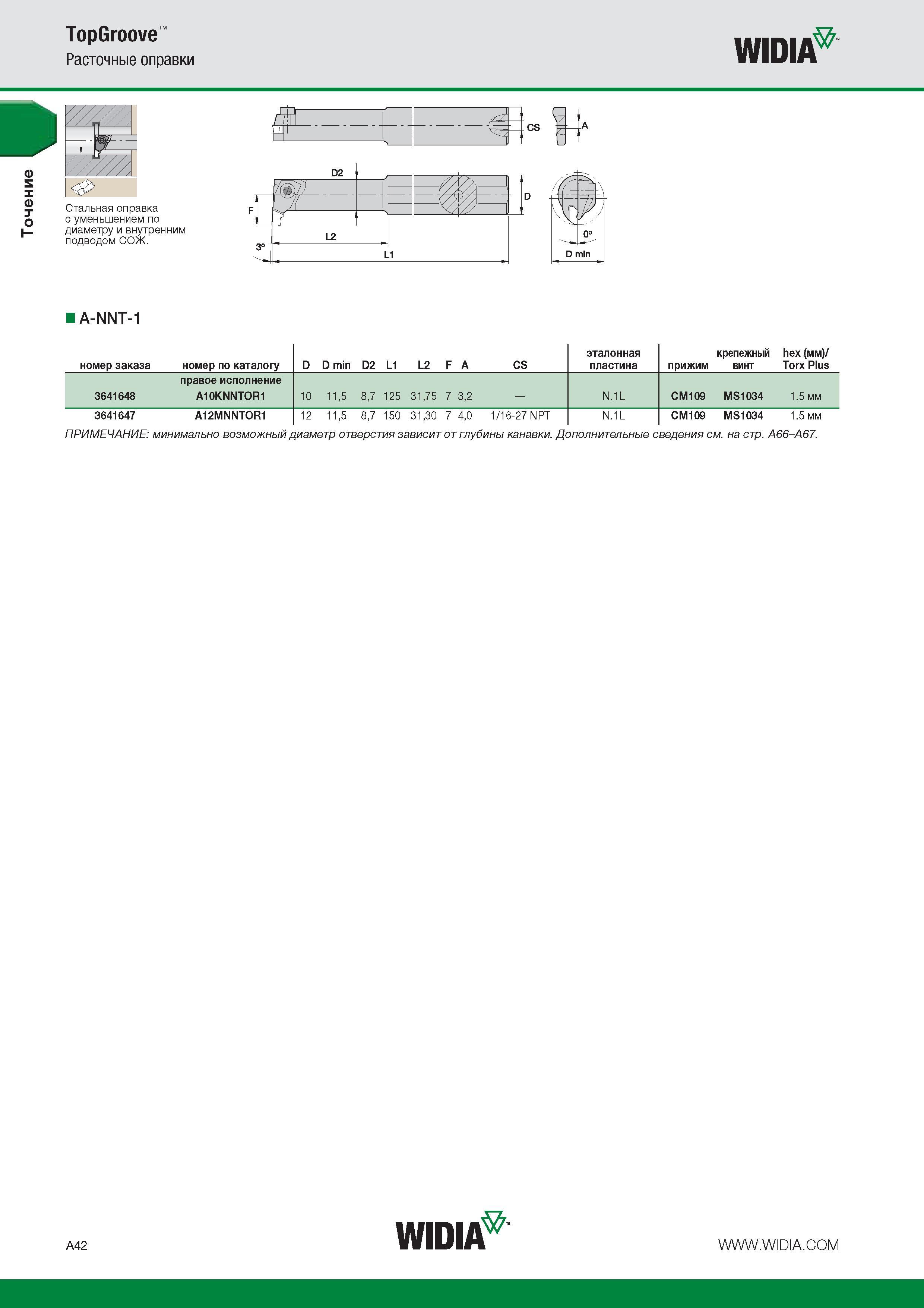 62 Точение TopGroove Расточные оправки WIDIA A-NNT-1 номер заказа номер по каталогу D D min D2 L1 L2 F A CS эталонная пластина прижим крепежный винт hex Каталог WIDIA 2014 Новый сборный и монолитный режущий инструмент для точения фрезерования Инструментальная оснастка для металлорежущих станков Стр. A42