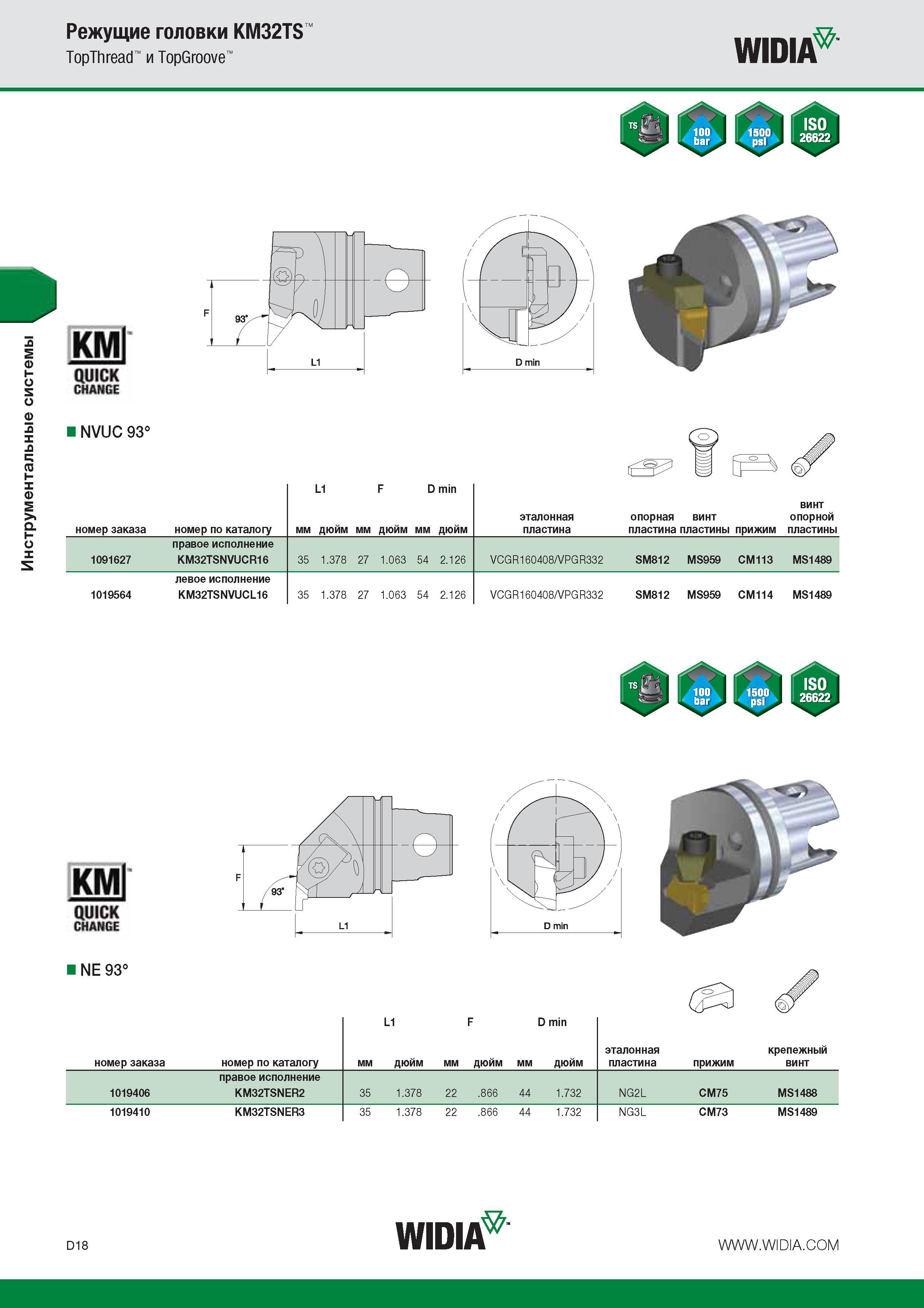 334 Инструментальные системы Режущие головки KM32TS TopThread и TopGroove WIDIA NVUC 93 L1 F D min номер заказа номер по каталогу мм дюйм мм дюйм мм дюйм Каталог WIDIA 2014 Новый сборный и монолитный режущий инструмент для точения фрезерования Инструментальная оснастка для металлорежущих станков Стр. D18