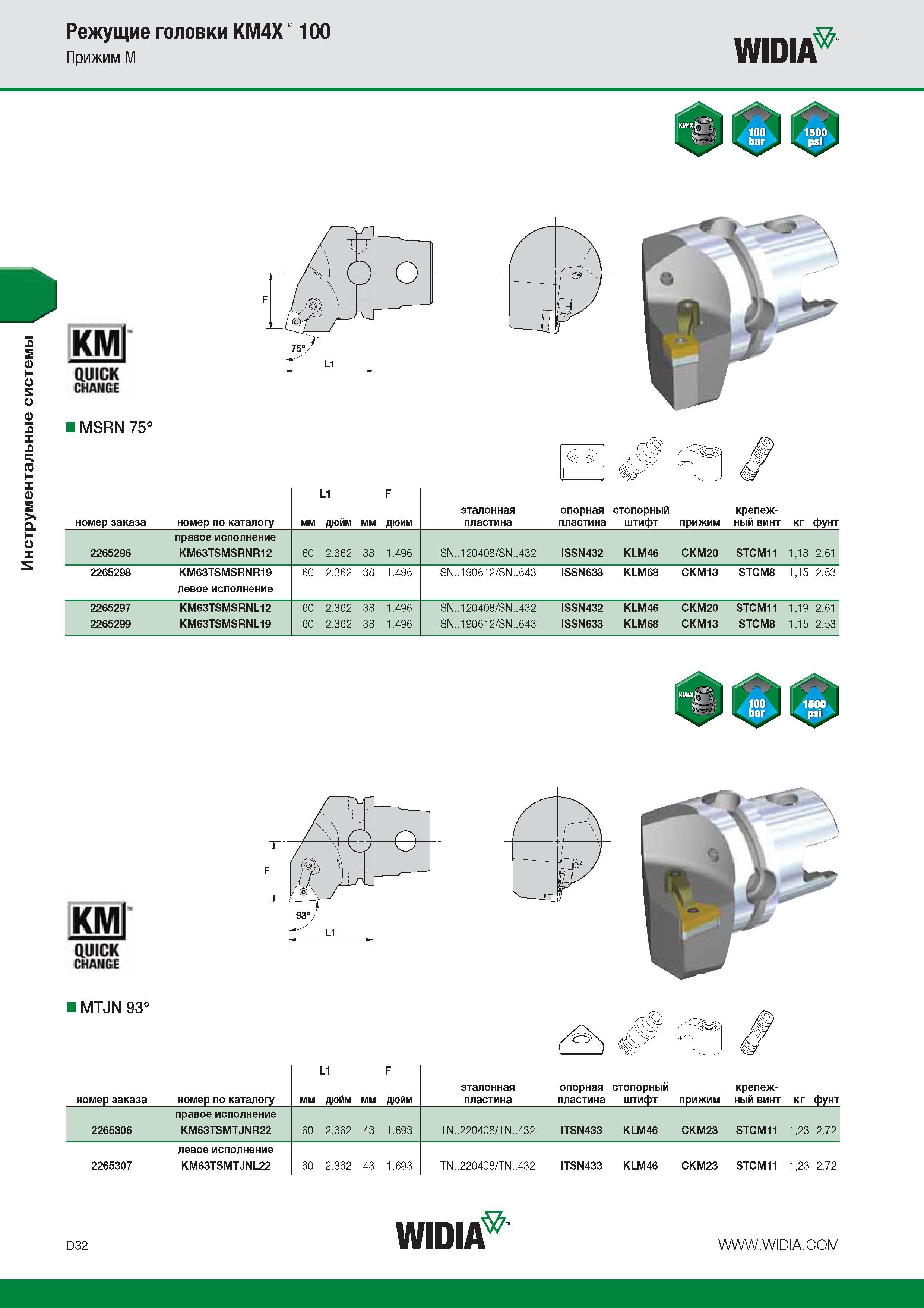 348 Инструментальные системы Режущие головки KM4X 100 Прижим M WIDIA KMI QUICK CHANGE MSRN 75 номер заказа номер по каталогу мм L1 дюйм мм F дюйм эталонна Каталог WIDIA 2014 Новый сборный и монолитный режущий инструмент для точения фрезерования Инструментальная оснастка для металлорежущих станков Стр. D32