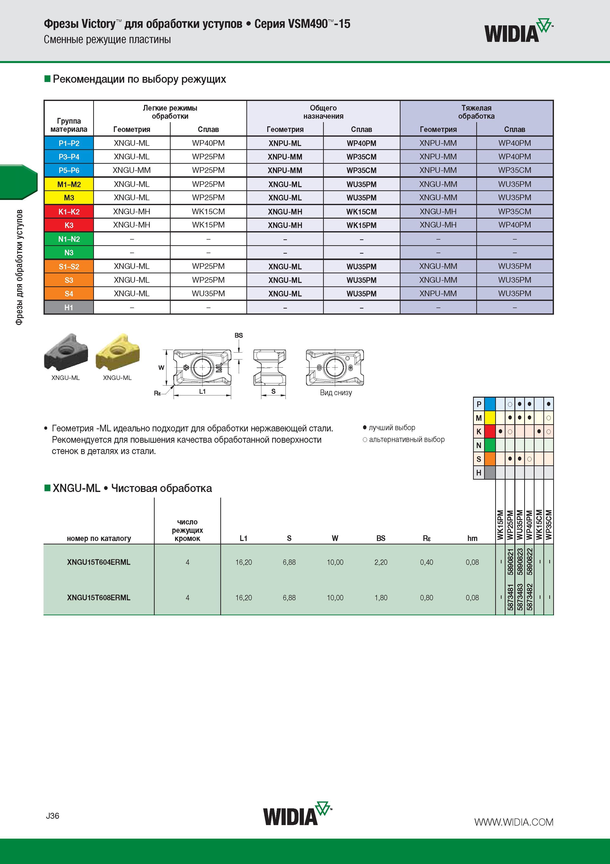 146 Фрезы для обработки уступов Фрезы Victory для обработки уступов Серия VSM490 -15 Сменные режущие пластины Widia № Рекомендации по выбору режущих Легкие реж Каталог WIDIA 2016 Фрезы со сменными режущими пластинами для фрезерования заготовок из металлов и сплавов на металлорежущих станках Инструмент фрезерный Стр. J36