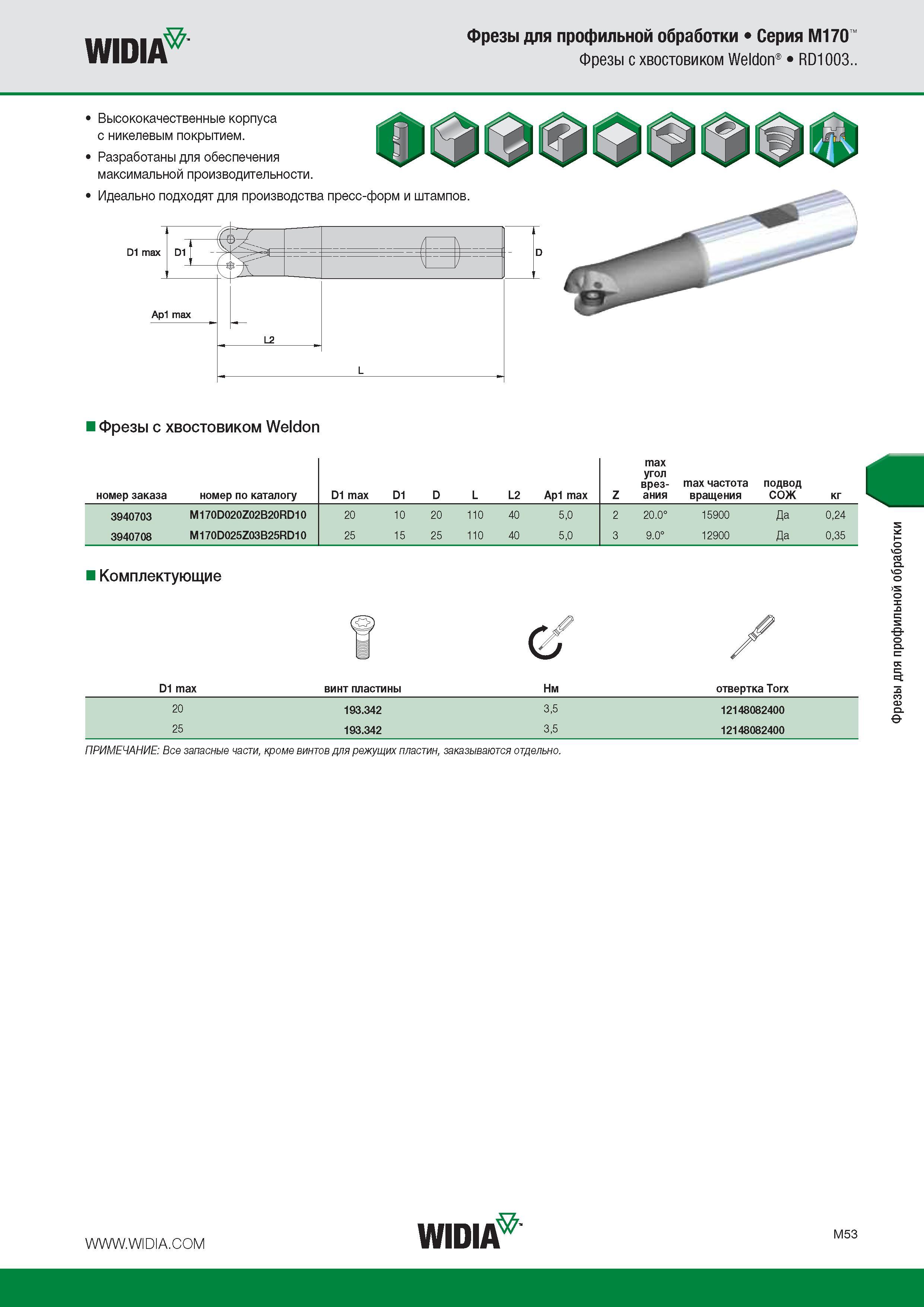 259 WIDIA Фрезы для профильной обработки Серия M170 Фрезы с хвостовиком Weldon RD1003 Высококачественные корпуса с никелевым покрытием Разработаны для обеспече Каталог WIDIA 2016 Фрезы со сменными режущими пластинами для фрезерования заготовок из металлов и сплавов на металлорежущих станках Инструмент фрезерный Стр. M53