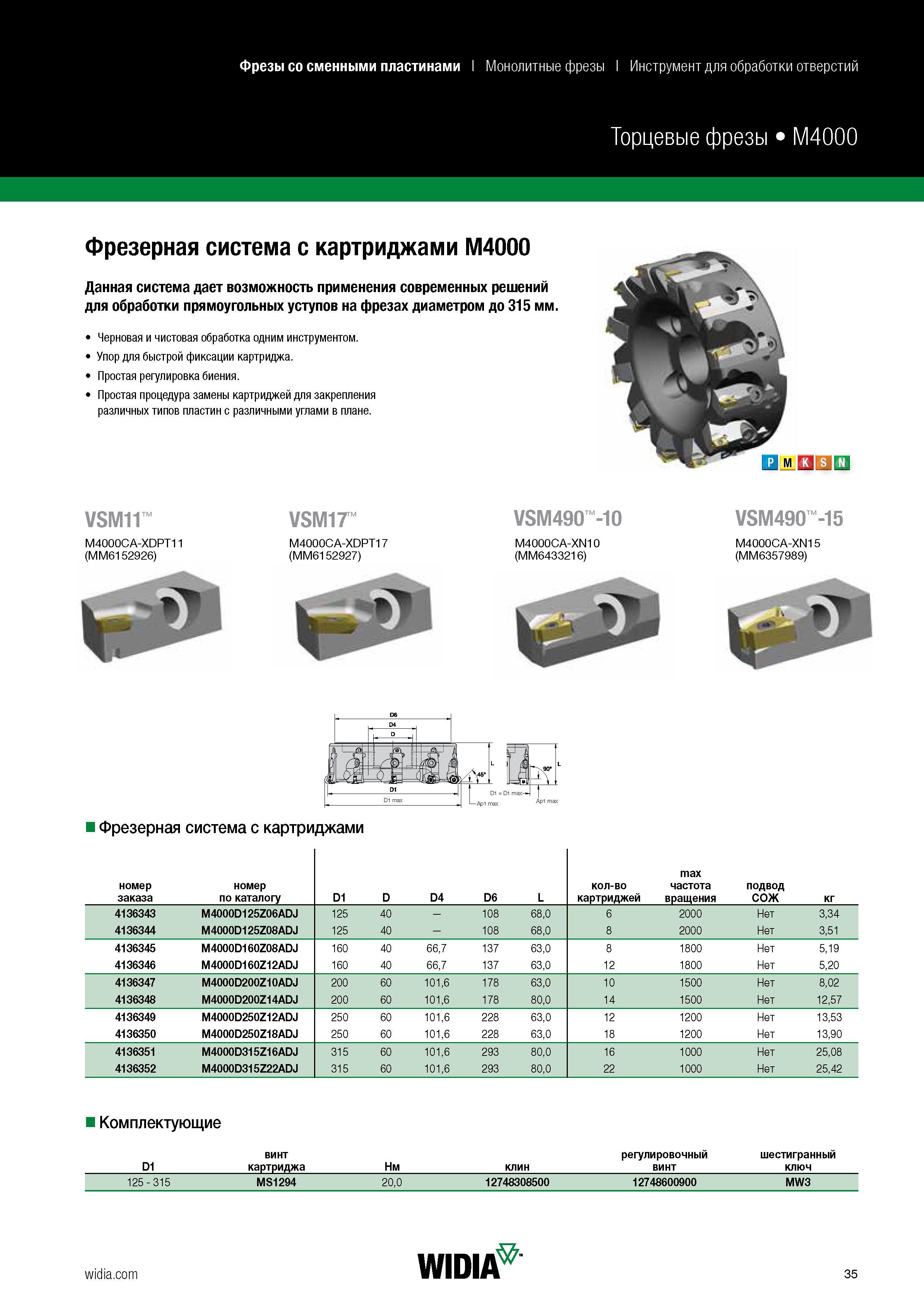 37 Торцевые каасетные фрезы Widia M4000 Данная инструментальная фрезерная система с режущими сменными пластинами дает возможность применения решений —> Каталог WIDIA 2018 Новый металлорежущий станочный инструмент для фрезерования и сверления Твердосплавные концевые фрезы Сменные режущие пластины Сверла Стр. 35