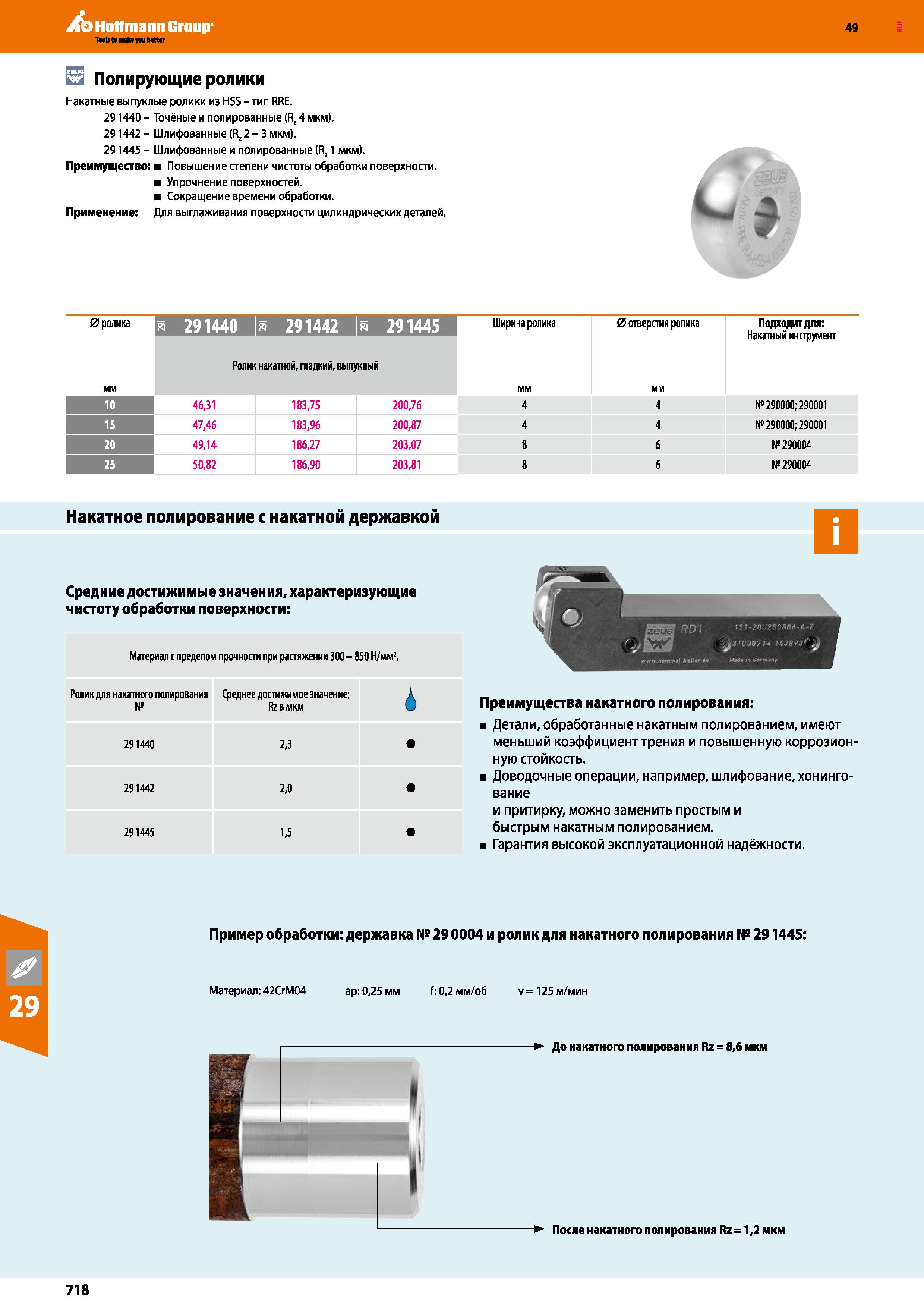 718 Hoffmann Group 49 Полирующие ролики Накатные выпуклые ролики из MSS - тиг RRE 291440- Точёные и полированные (Rz4 мкм) 291442 - Шлифо Каталог HOFFMANN GROUP 2018 Профессиональный режущий и вспомогательный инструмент для промышленного оборудования Сверла Фрезы Метчики Державки Стр. 718