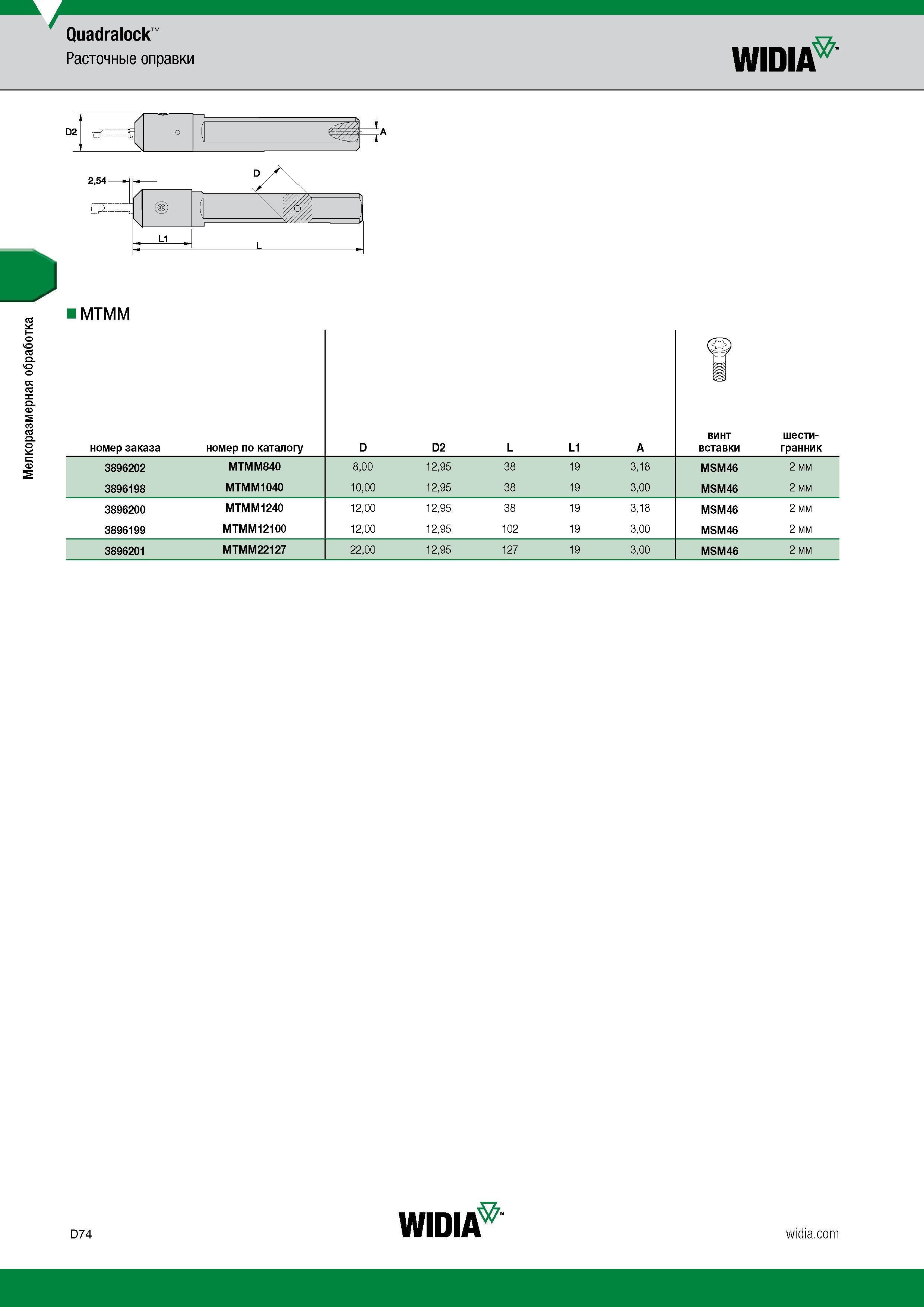 434 Мелкоразмерная обработка Quadralock Расточные оправки WIDIA / D2 rT f о ( \ 2,54 MTMM номер заказа номер по каталогу D D2 L L1 A винт вставки шес Каталог WIDIA 2017 Инструмент металлорежущий Токарные резцы и державки с режущими сменными пластинами для наружного внутреннего точения канавок Отрезки Резьбонарезания Стр. D74