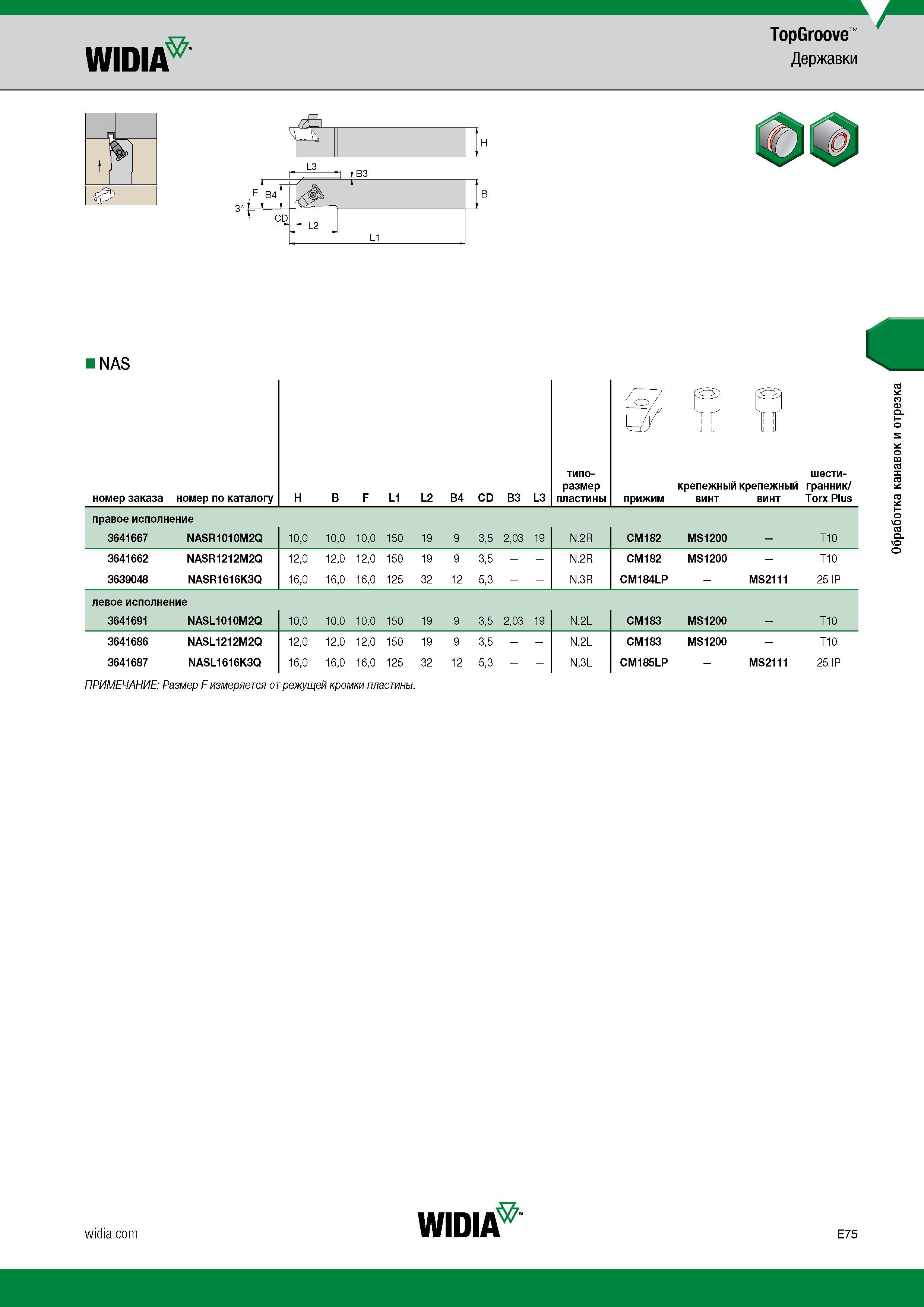 525 NAS правое исполнение 3641667 NASR1010M2Q 10,0 10,0 10,0 150 19 9 3,5 2,03 19 N 2R CM182 MS1200 T10 3641662 NASR1212M2Q 12,0 12,0 12,0 150 19 9 3 Каталог WIDIA 2017 Инструмент металлорежущий Токарные резцы и державки с режущими сменными пластинами для наружного внутреннего точения канавок Отрезки Резьбонарезания Стр. E75