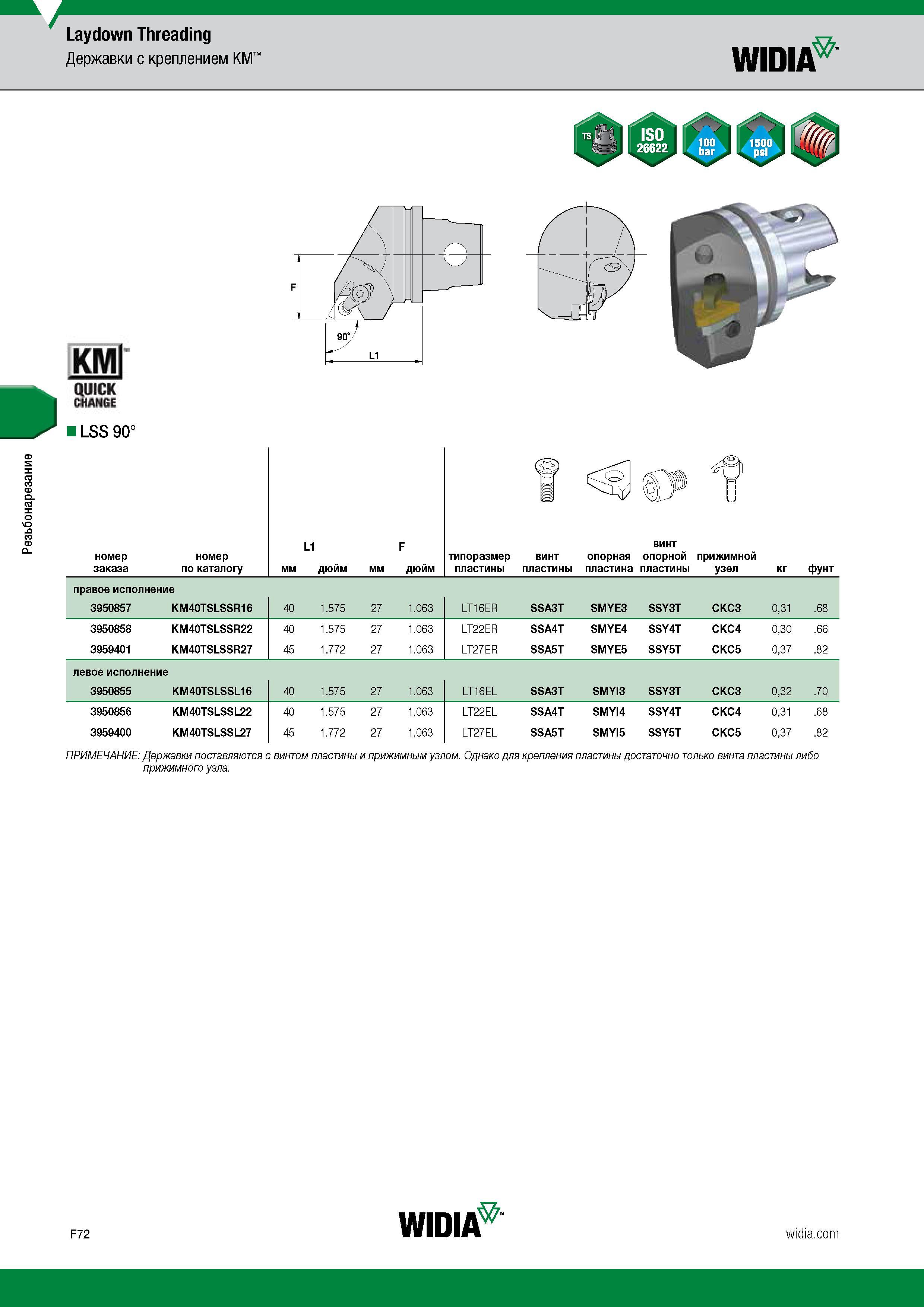 650 Резьбонарезание Laydown Threading Державки с креплением KM WIDIA QUICK CHANGE LSS 90° ПРИМЕЧАНИЕ: Державки поставляются с винтом пластины и прижи Каталог WIDIA 2017 Инструмент металлорежущий Токарные резцы и державки с режущими сменными пластинами для наружного внутреннего точения канавок Отрезки Резьбонарезания Стр. F72
