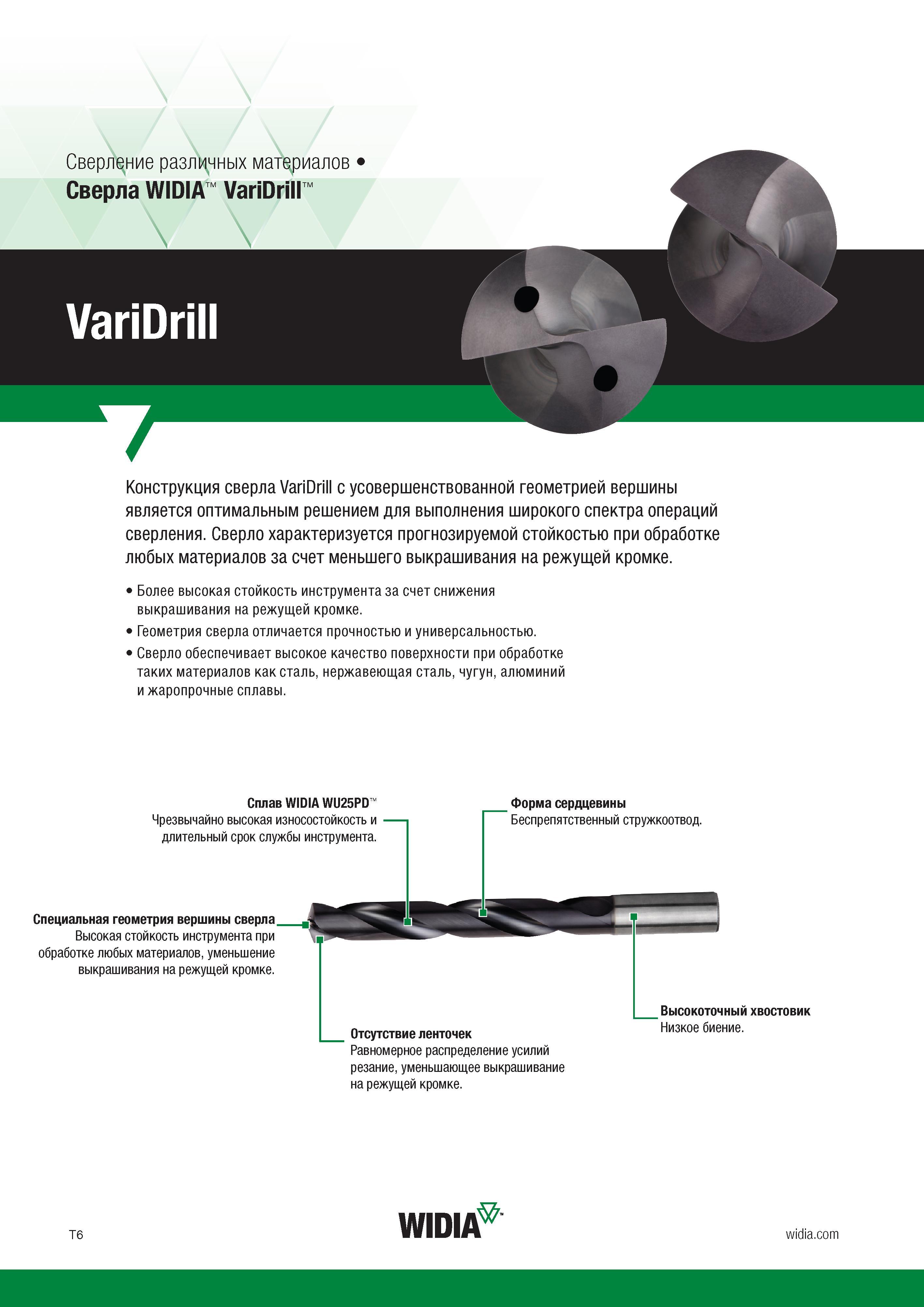 18 Конструкция монолитного твердосплавного сверла Widia VariDrill с усовершенствованной геометрией вершины является оптимальным инструментальным реш Каталог WIDIA 2017 Режущий инструмент для обработки отверстий на металлорежущих станках Твердосплавные сверла Пластины Развертки Расточные головки с СРП Стр. T6