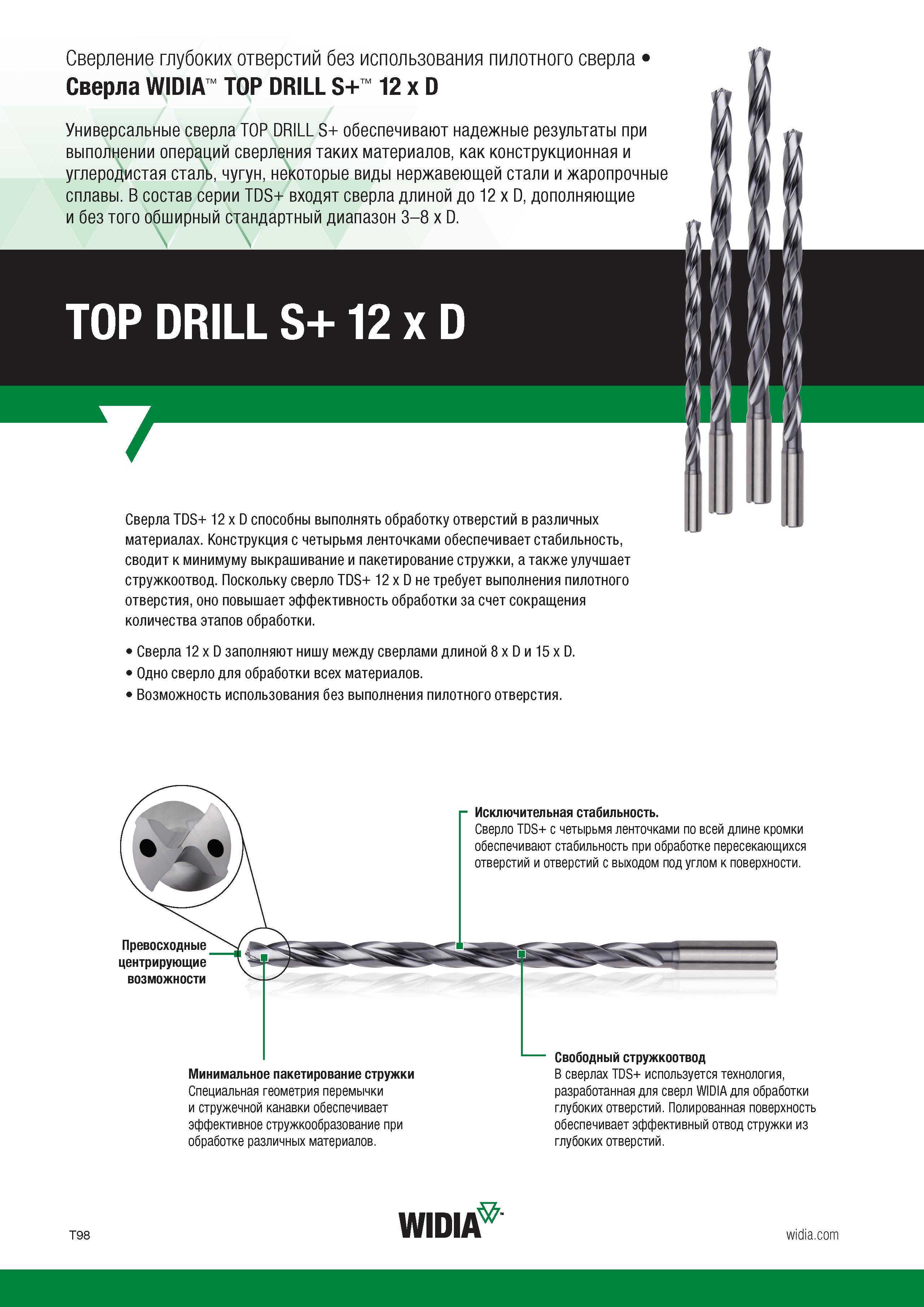 110 Универсальные твердосплавные сверла Widia TOP DRILL S+ обеспечивают надежные результаты при выполнении операций сверления таких материалов, как к Каталог WIDIA 2017 Режущий инструмент для обработки отверстий на металлорежущих станках Твердосплавные сверла Пластины Развертки Расточные головки с СРП Стр. T98