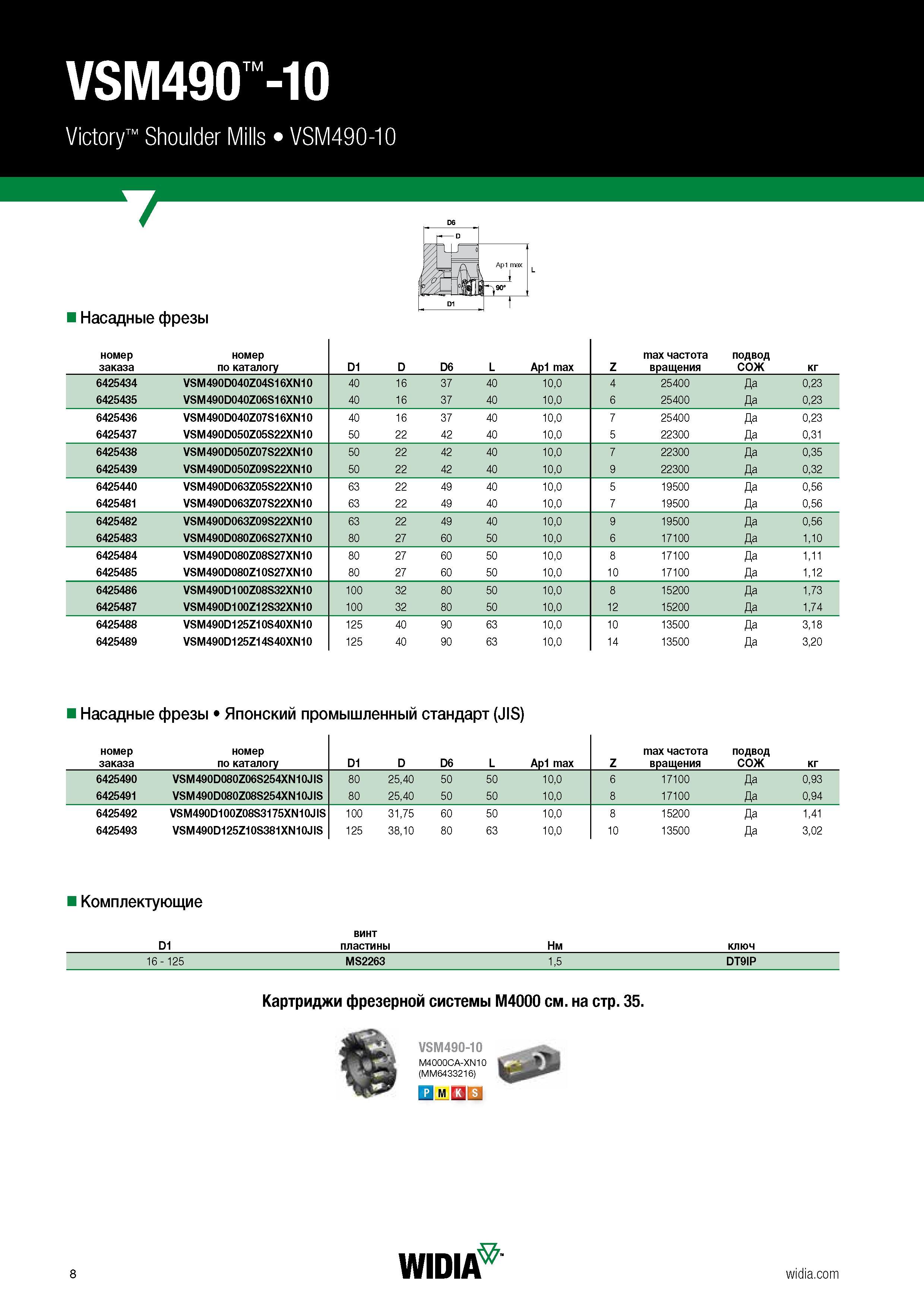 10 VSM490 -10 Victory Shoulder Mills VSM490-10 D J Ap1 max \ 1 - D1 t Насадные фрезы номер заказа номер по каталогу D1 D D6 L Ap1 max Z max частота Каталог WIDIA 2018 Новый металлорежущий станочный инструмент для фрезерования и сверления Твердосплавные концевые фрезы Сменные режущие пластины Сверла Стр. 8