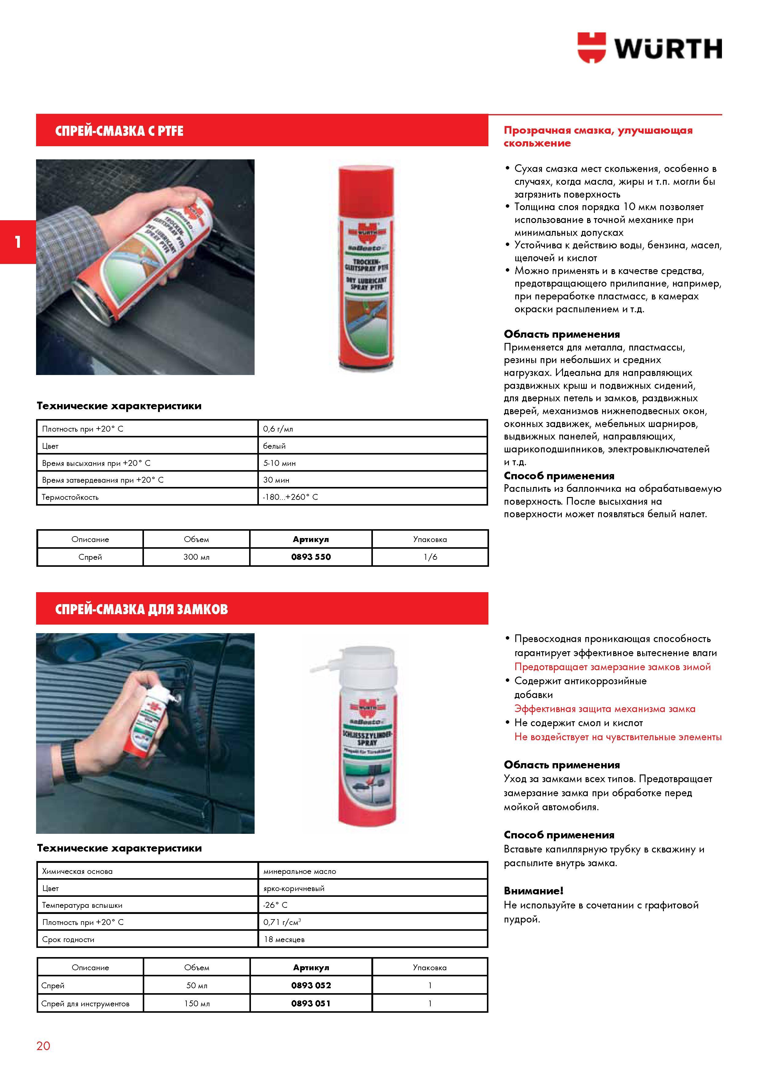 21 Wurth Прозрачная смазка, улучшающая скольжение Сухая смазка мест скольжения, особенно в случаях, когда масла, жиры и т п могли бы загрязнить пове Каталог WURTH 2013 Автомобильная химия Крепеж и метизы Инструмент режущий абразивный пневматический электрический Материалы и оборудование для мастерских автосервиса Стр. 20