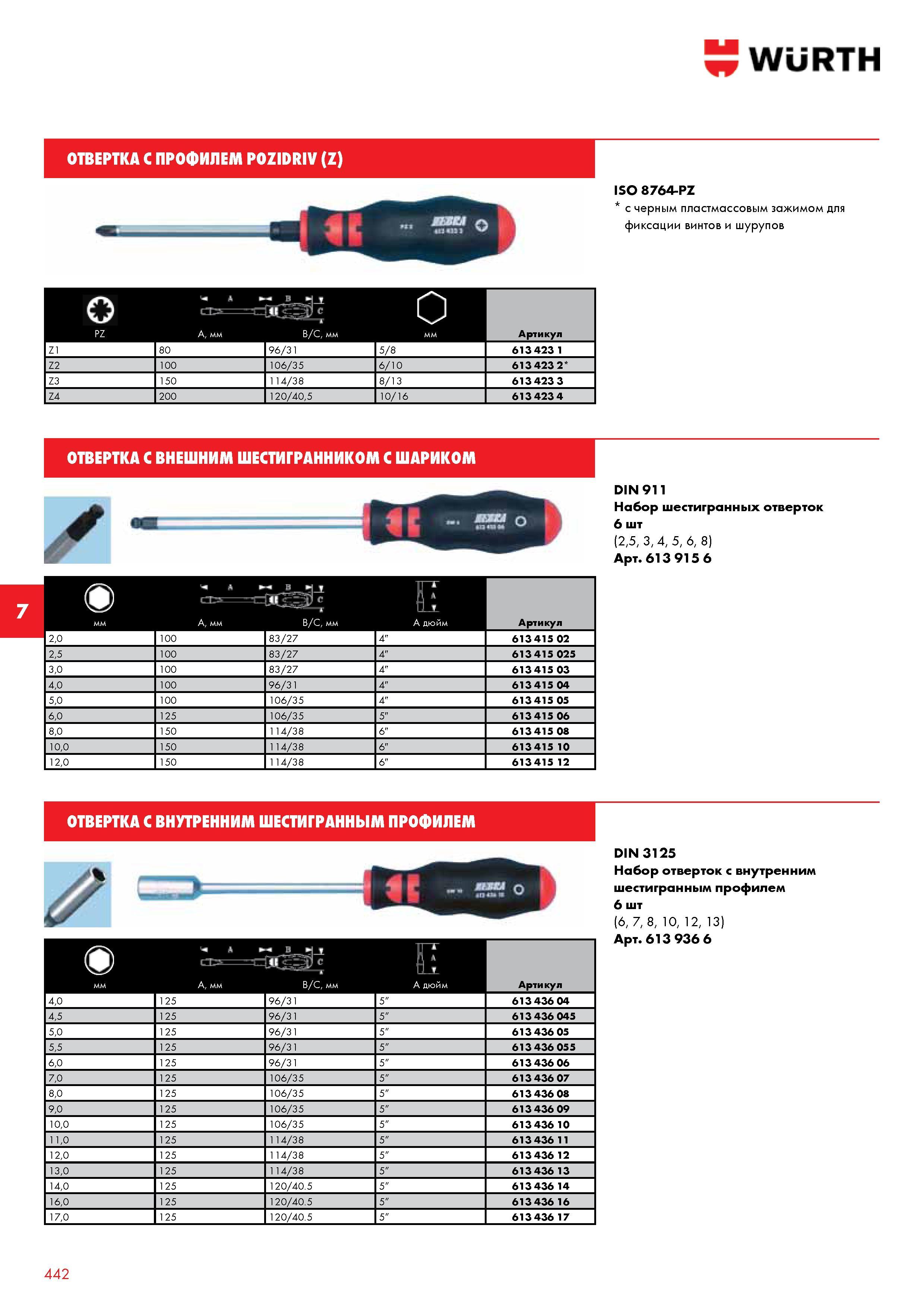 443 Wurth ОТВЕРТКА С ПРОФИЛЕМ POZIDRIV (Z) О PZ т А 1- А, мм - i В/С, мм 0 мм Артикул Z1 80 96/31 5/8 613 423 1 Z2 100 106/35 6/10 613 423 2* Z3 150 Каталог WURTH 2013 Автомобильная химия Крепеж и метизы Инструмент режущий абразивный пневматический электрический Материалы и оборудование для мастерских автосервиса Стр. 442
