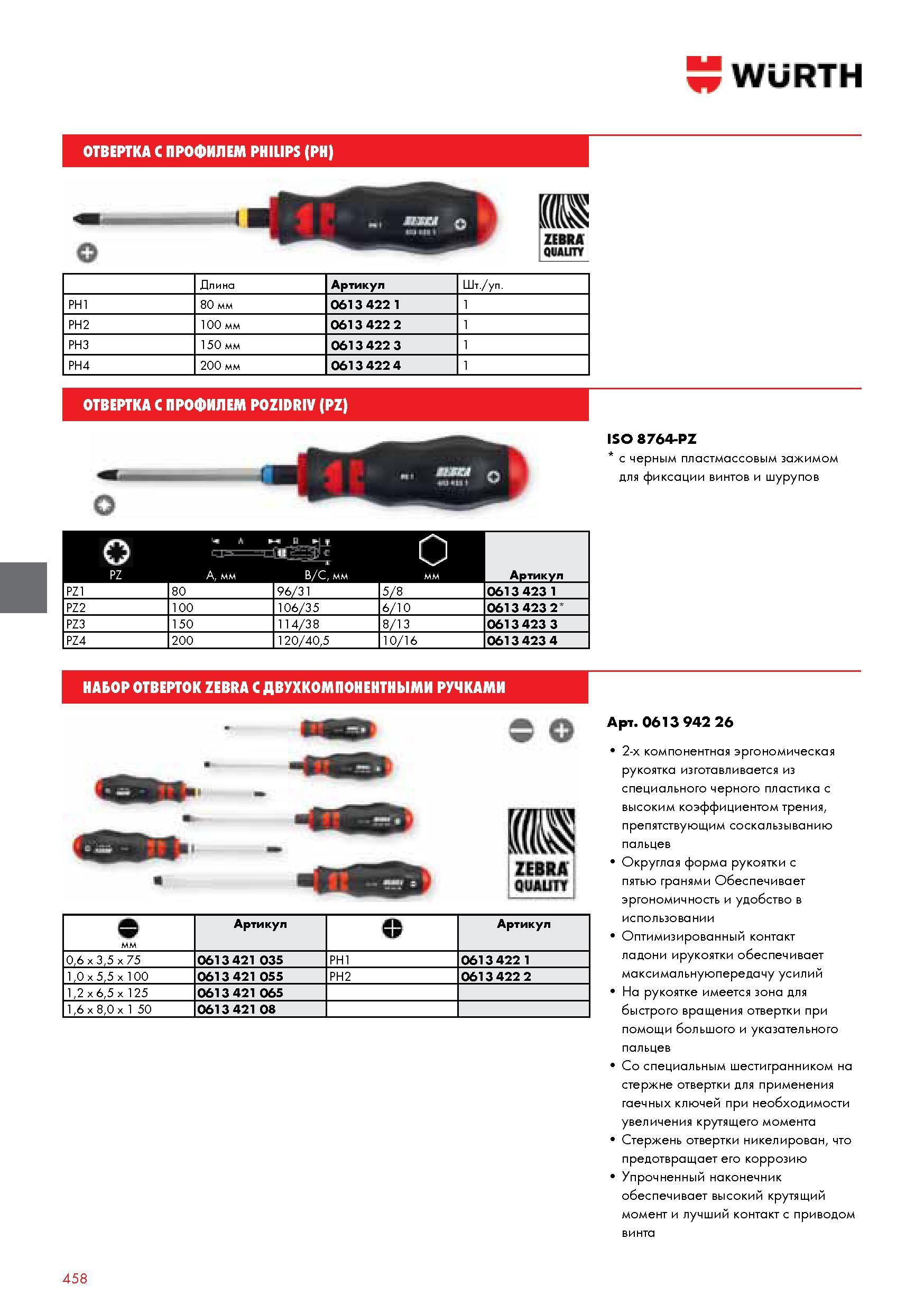 458 ОТВЕРТКА С ПРОФИЛЕМ PHILIPS (PH) Длин- Артикул Шт уп PH1 80 мм 0613 422 1 1 PH2 100 мм 0613 422 2 1 PH3 150 мм 0613 422 3 1 PH4 200 мм 0613 422 4 1 ОТ Каталог WURTH 2014 Химия Инструмент Крепежные изделия Электротехническая продукция Оборудование и материалы для автосервиса Стр. 458