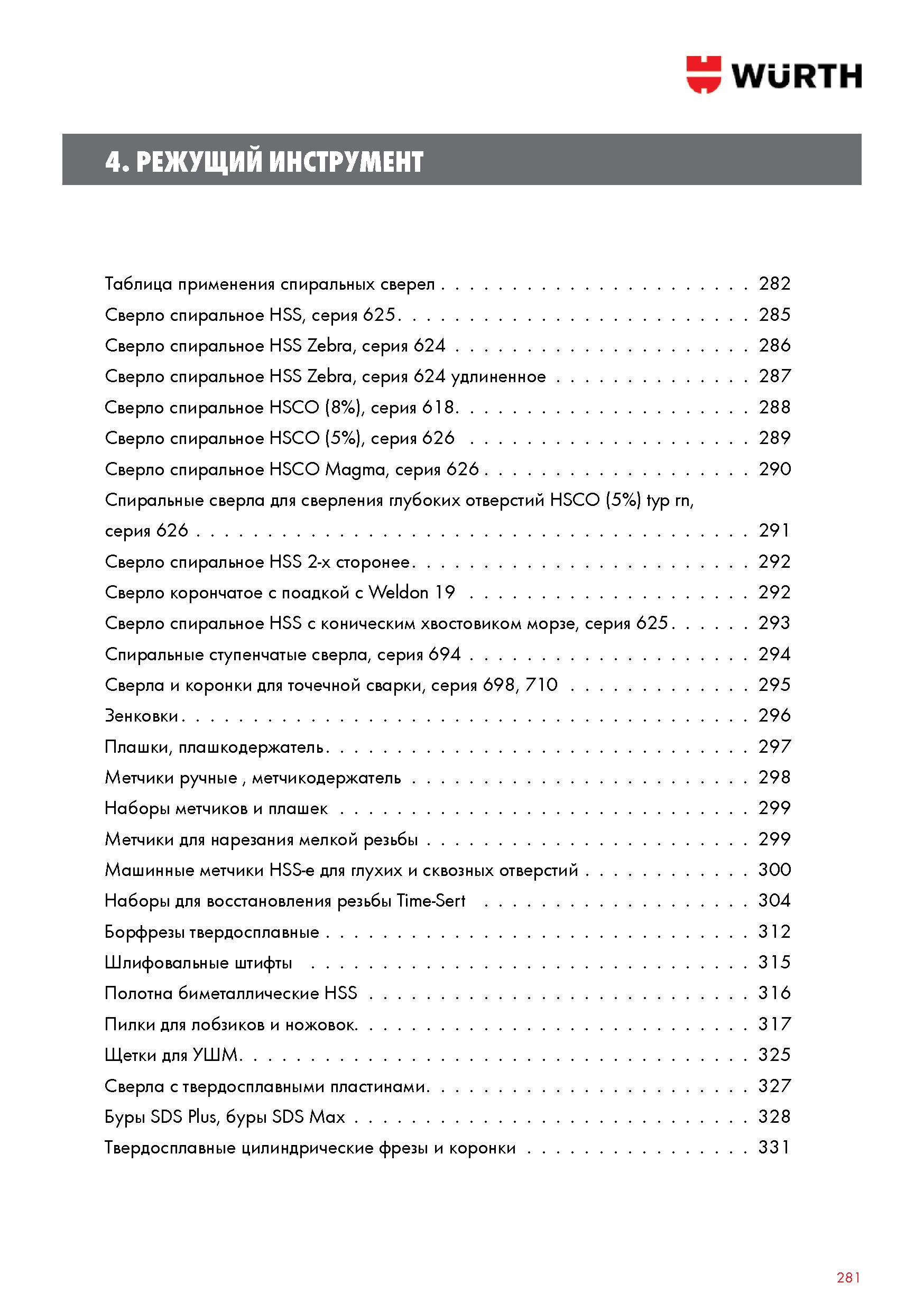 281 Режущий осевой инструмент Вюрт Содержание раздела каталога 2015 Машинные метчики Wurth HSS-e для глухих и сквозных отверстий Наборы для восстановления резьбы Time-Sert Бо Каталог WURTH 2015 Профессиональный инструмент Химическая продукция Крепежные изделия Оборудование и расходные материалы для автосервиса Стр. 281