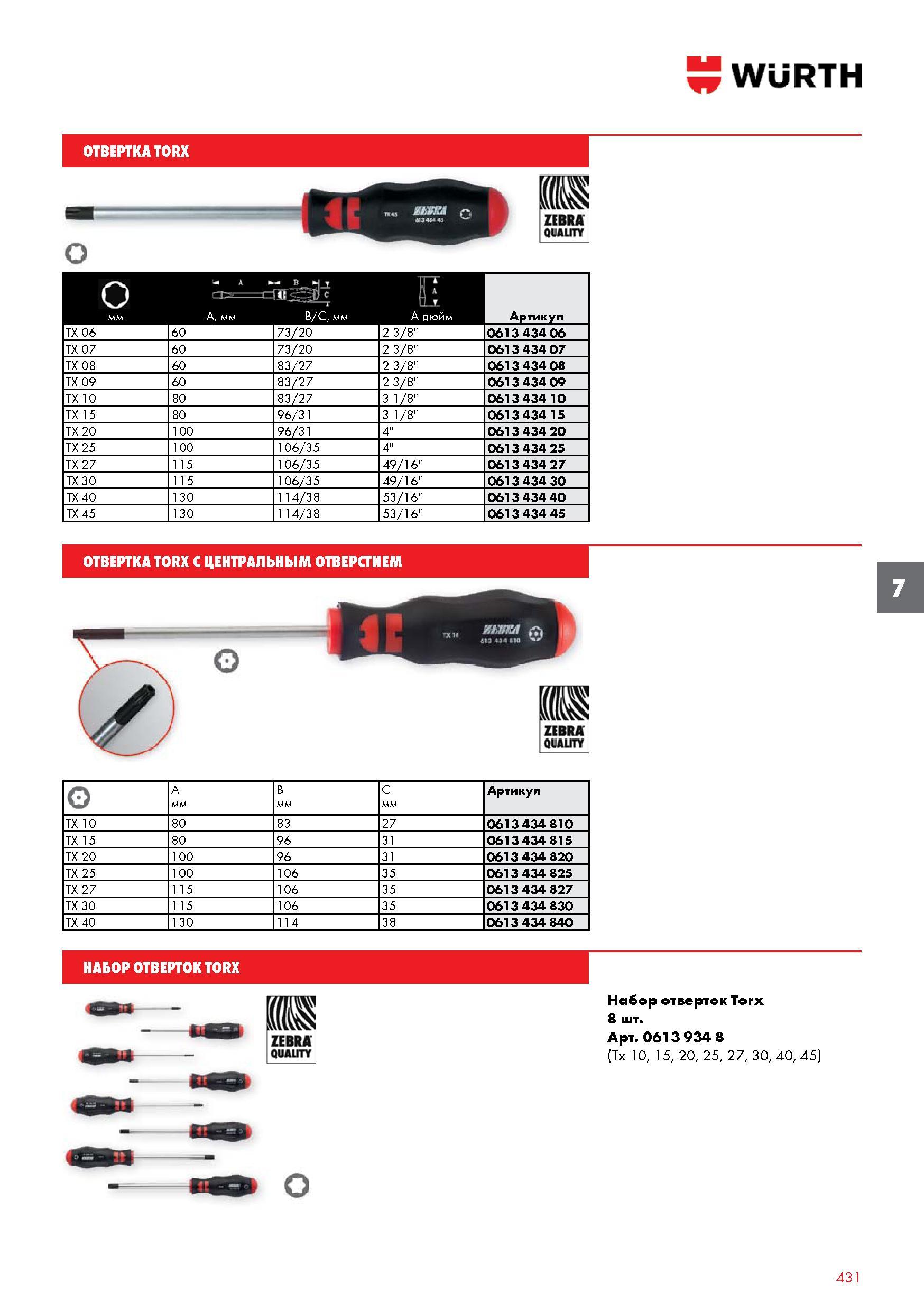 431 ОТВЕРТКА WURTH TORX А мм В С мм Е А дюйм Артикул TX 06 60 73 20 2 3/8 0613 434 06 TX 07 60 73 20 2 3/8 0613 434 07 TX 08 60 83 27 2 3/8 0613 434 08 TX 09 60 83 27 2 3/8 0 Каталог WURTH 2015 Профессиональный инструмент Химическая продукция Крепежные изделия Оборудование и расходные материалы для автосервиса Стр. 431