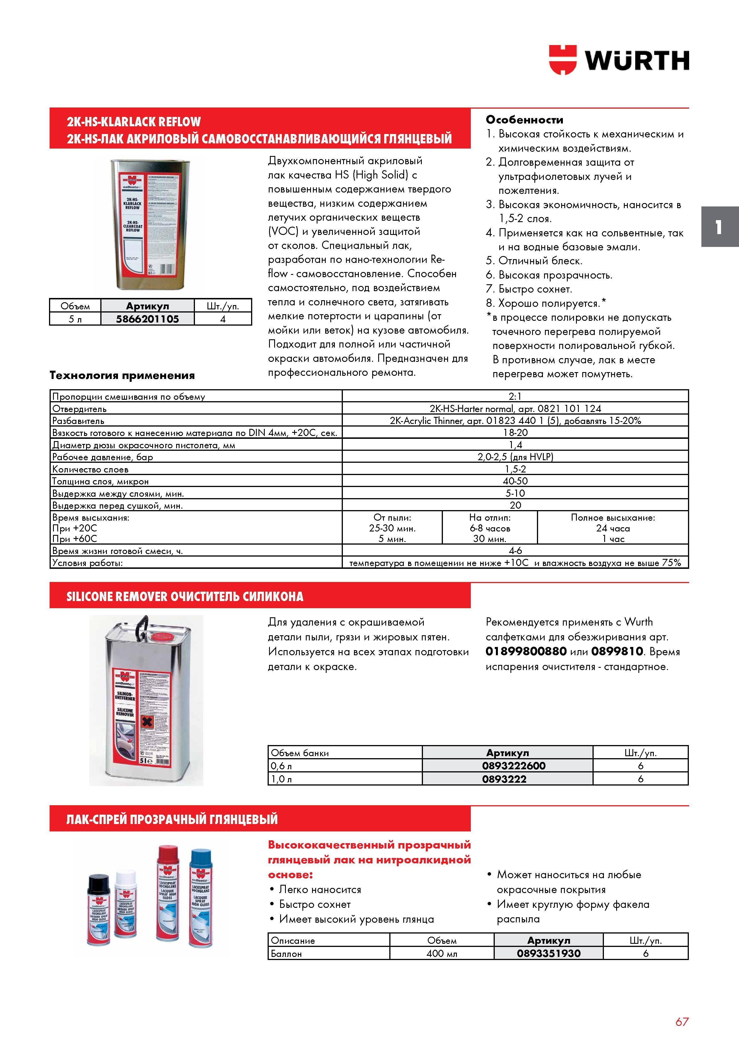 67 Двухкомпонентный акриловый лак Wurth качества HS (High Solid) с повышенным содержанием твердого вещества Каталог WURTH 2016 Режущий и слесарный инструмент Продукция химическая и электротехническая Крепежные изделия Расходные и абразивные материалы Стр. 67
