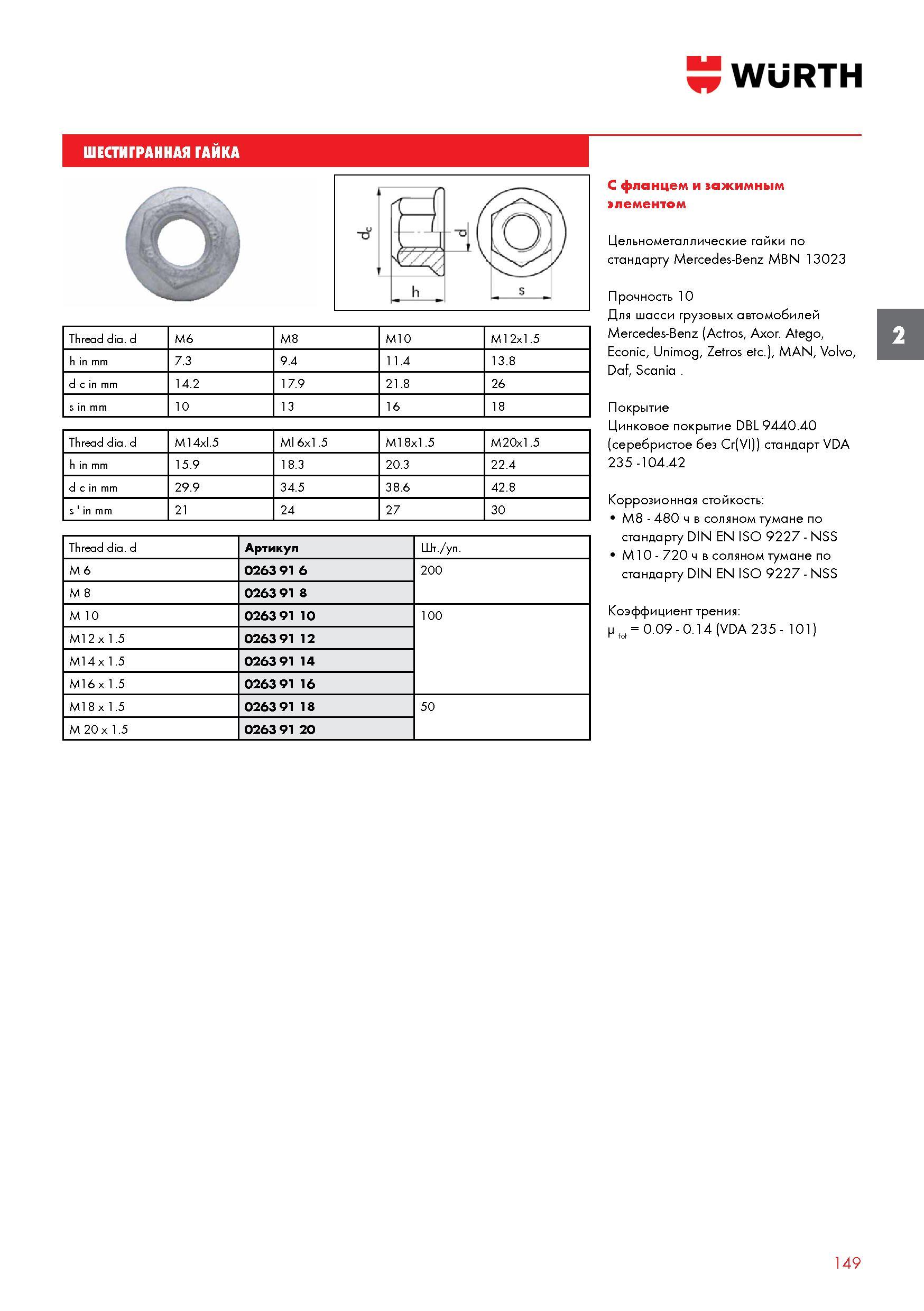 149 Шестигранная гайка Wurth Thread dia d M6 M8 M10 M12x1 5 h in mm 7 3 9 4 11 4 13 8 d c in mm 14 2 17 9 21 8 26 s in mm 10 13 16 18 Thread dia d M1 Каталог WURTH 2016 Режущий и слесарный инструмент Продукция химическая и электротехническая Крепежные изделия Расходные и абразивные материалы Стр. 149