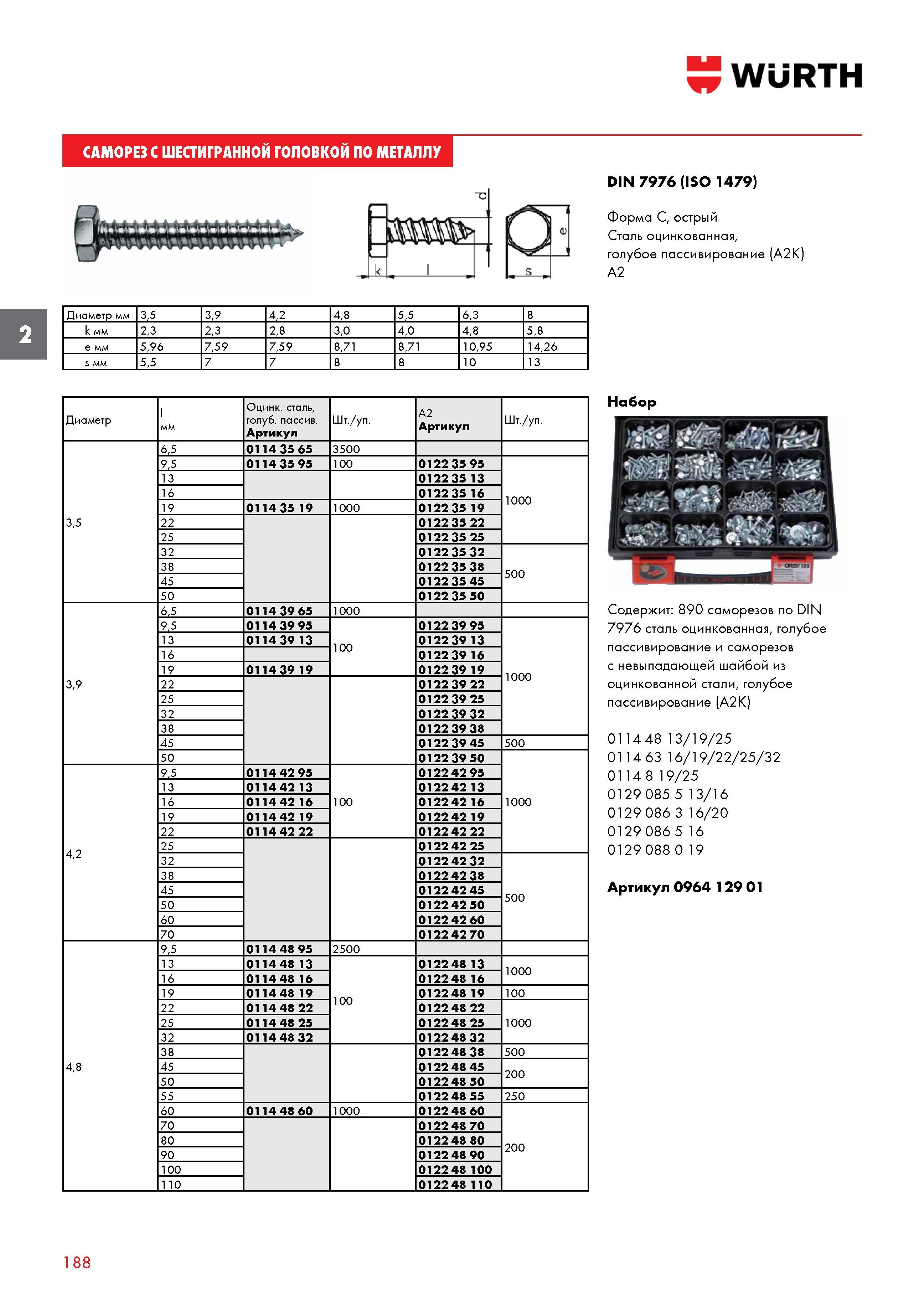 188 САМОРЕЗ WURTH С ШЕСТИГРАННОЙ ГОЛОВКОЙ ПО МЕТАЛЛУ Диаметр мм 3,5 3,9 4,2 4,8 5,5 6,3 8 k мм 2,3 2,3 2,8 3,0 4,0 4,8 5,8 e мм 5,96 7,59 7,59 8,71 8 Каталог WURTH 2016 Режущий и слесарный инструмент Продукция химическая и электротехническая Крепежные изделия Расходные и абразивные материалы Стр. 188