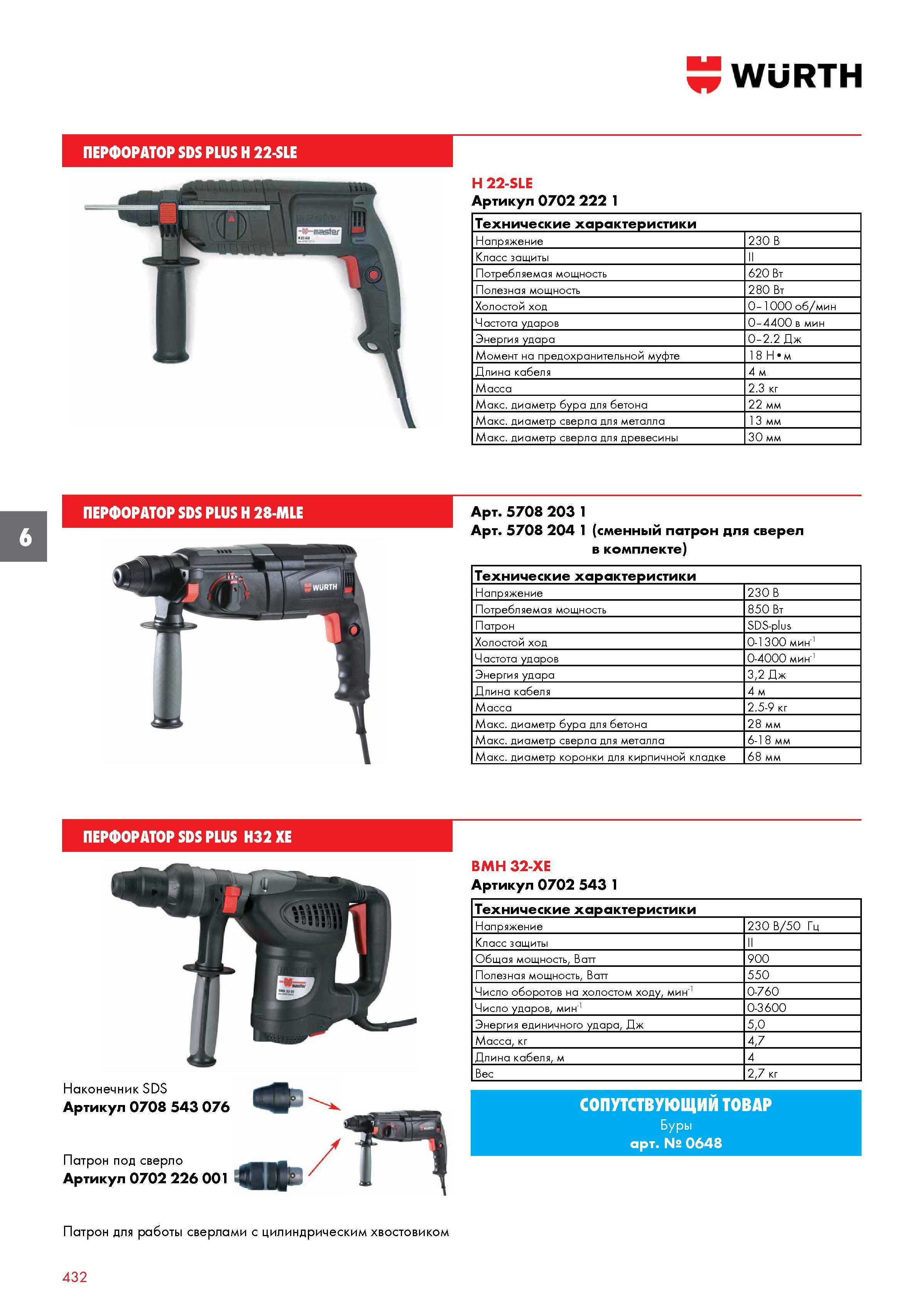 432 ПЕРФОРАТОР SDS PLUS H 22-SLE WURTH H 22-SLE Артикул 0702 222 1 Технические характеристики Напряжение 230 В Класс защиты II Потребляемая мощность Каталог WURTH 2016 Режущий и слесарный инструмент Продукция химическая и электротехническая Крепежные изделия Расходные и абразивные материалы Стр. 432