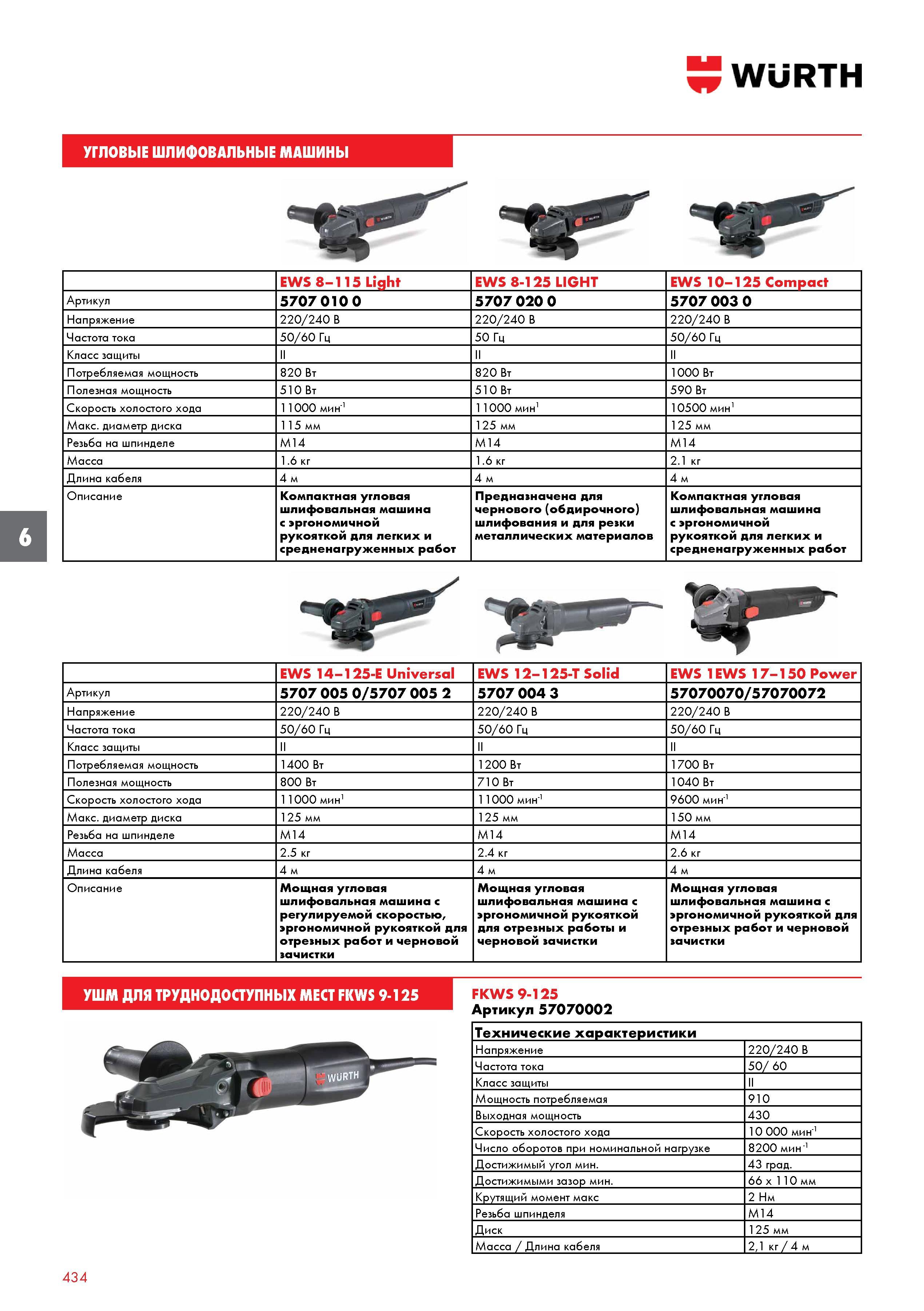 434 УГЛОВЫЕ ШЛИФОВАЛЬНЫЕ МАШИНЫ EWS 8-115 Light EWS 8-125 LIGHT EWS 10-125 Compact Артикул 5707 010 0 5707 020 0 5707 003 0 Напряжение 220/240 В 220/ Каталог WURTH 2016 Режущий и слесарный инструмент Продукция химическая и электротехническая Крепежные изделия Расходные и абразивные материалы Стр. 434