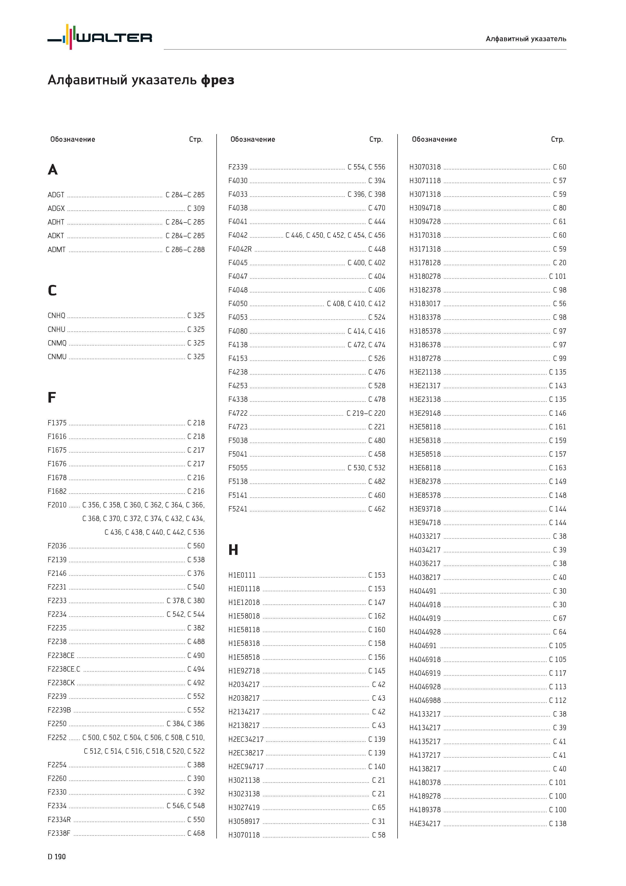 2602 Walter Алфавитный указатель фрез Алфавитный указатель Обозначение Стр A ADGT C 284-C 285 ADGX C 309 ADHT C 284-C 285 ADKT C 284-C 285 ADMT C 286-C 288 C Каталог WALTER 2017 Инструмент металлорежущий и вспомогательный для металлообрабатывающих станков Сменные пластины Резцы Державки Расточные оправки Сверла Фрезы Патроны Стр. D190