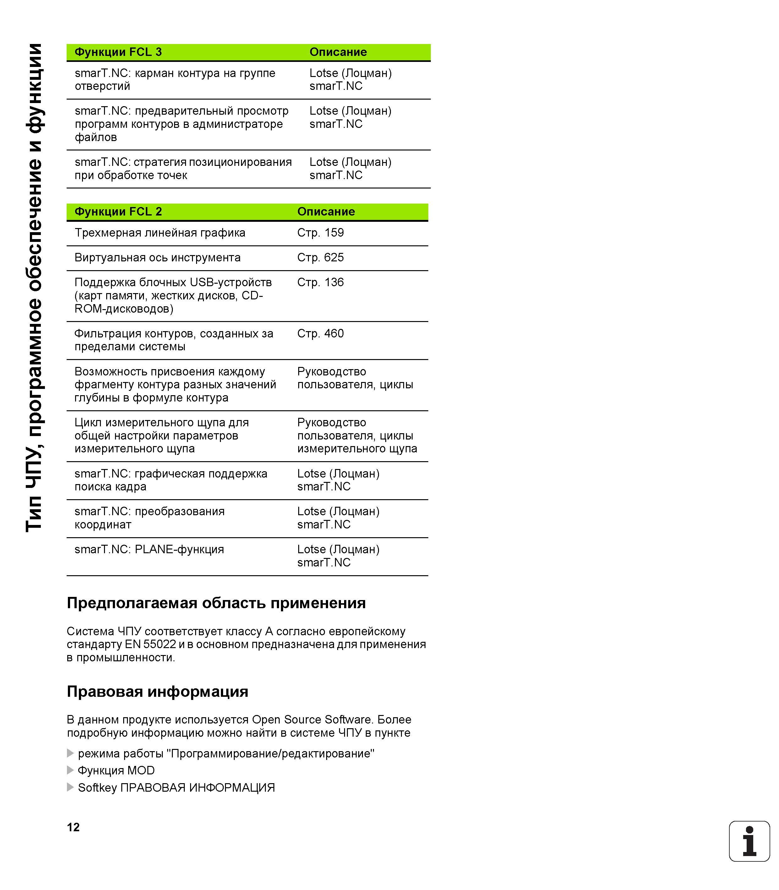 12 Функции FCL 2 Описание Трехмерная линейная графика Стр 159 Виртуальная ось инструмента Стр 625 Поддержка блочных USB-устройств (карт памяти, Руководство пользователя HEIDENHAIN iTNC 530 Программирование открытым текстом систем числового программного управления оборудованием Версия 2012 года Стр. 12